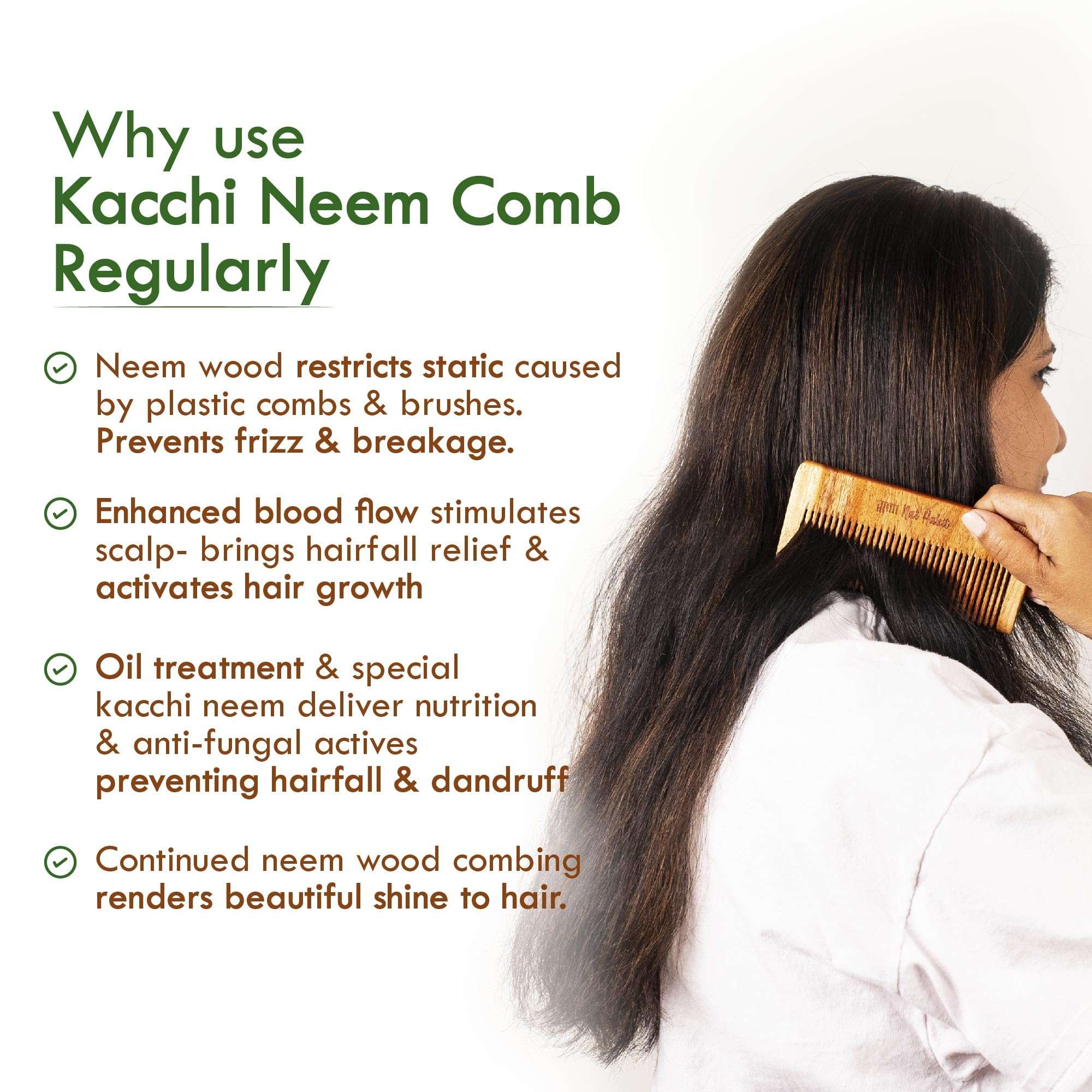 Nat Habit Kacchi Neem Wooden Comb, Soaked In 13 Herbs, Neem & Sesame Oil For Men & Women Daily Styling & Detangling (Fine Tooth Small Size) Pack of 1 5