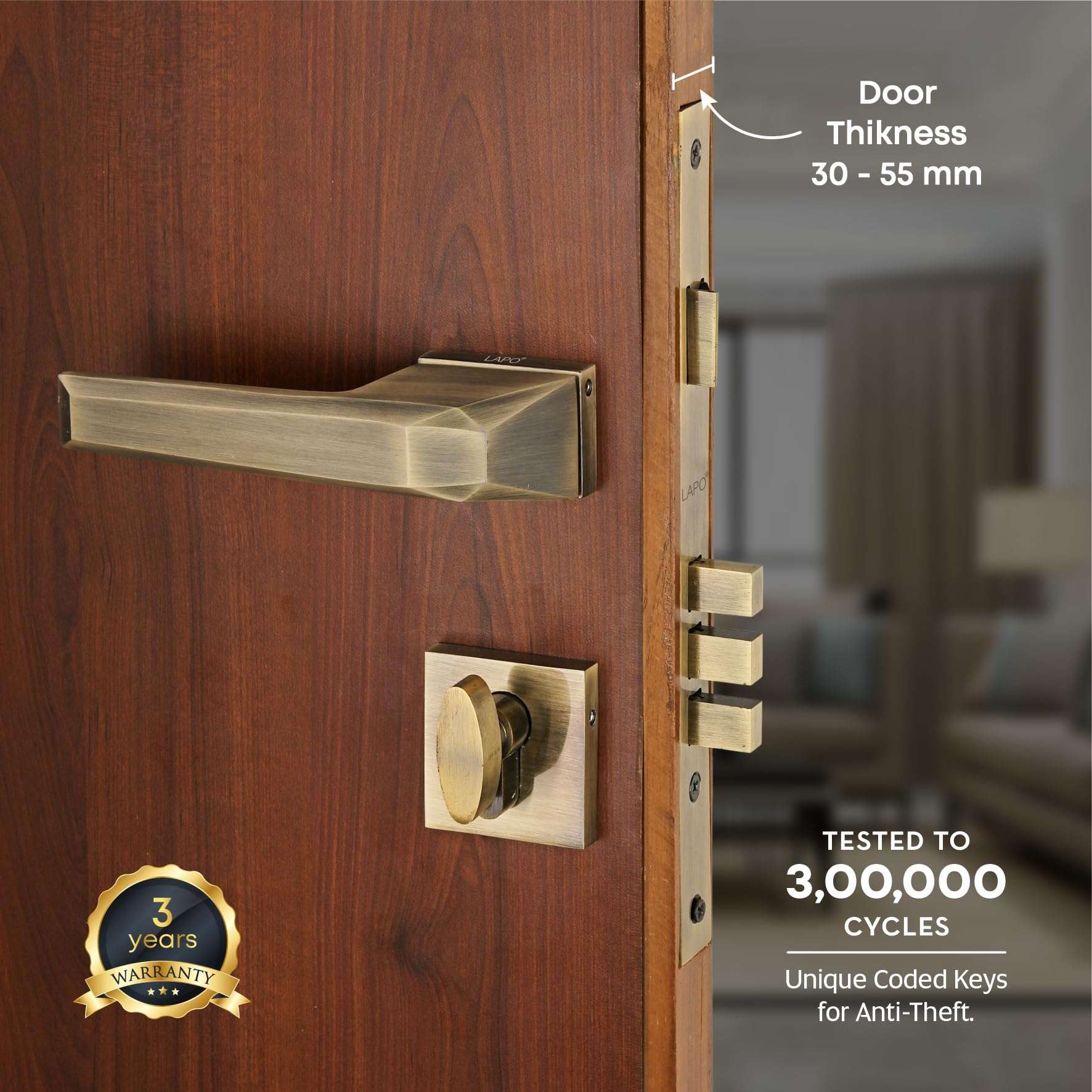 LAPO Door Locks for Main Door/Door Locks for Bedroom/Mortise Lock for Door/Door Lock Handle Set with 3 Brass Key for Home/Office/Hotel (Antique Finish) Ro-125 2