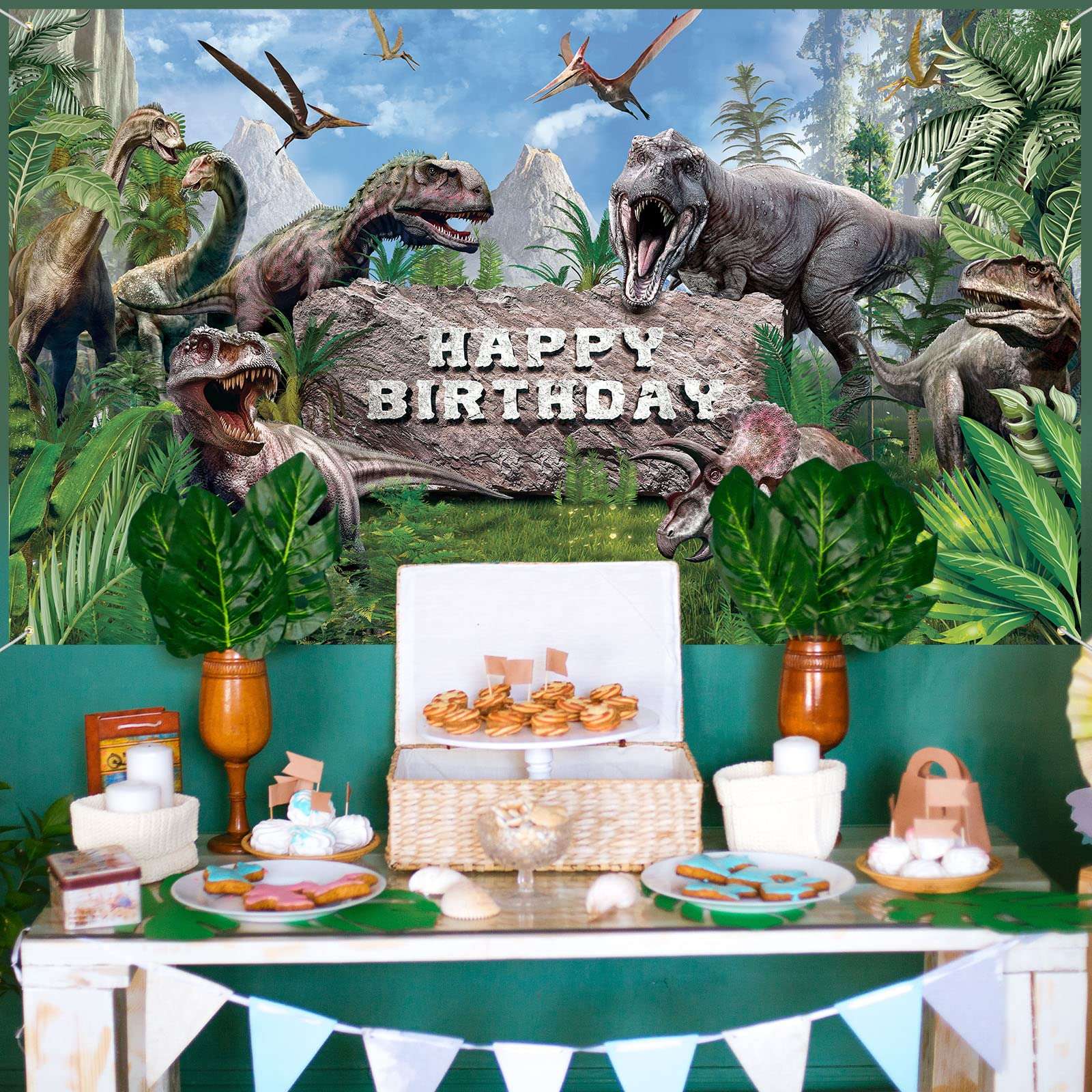 Dinosaur Theme Backdrop Banner Polyester Dinosaur Happy Birthday Photo Background Tropical Jungle Birthday Party Backdrop Decor for Kid Dinosaur Theme Birthday Party Photo Prop Decor, 72.8 x 43.3 Inch 5