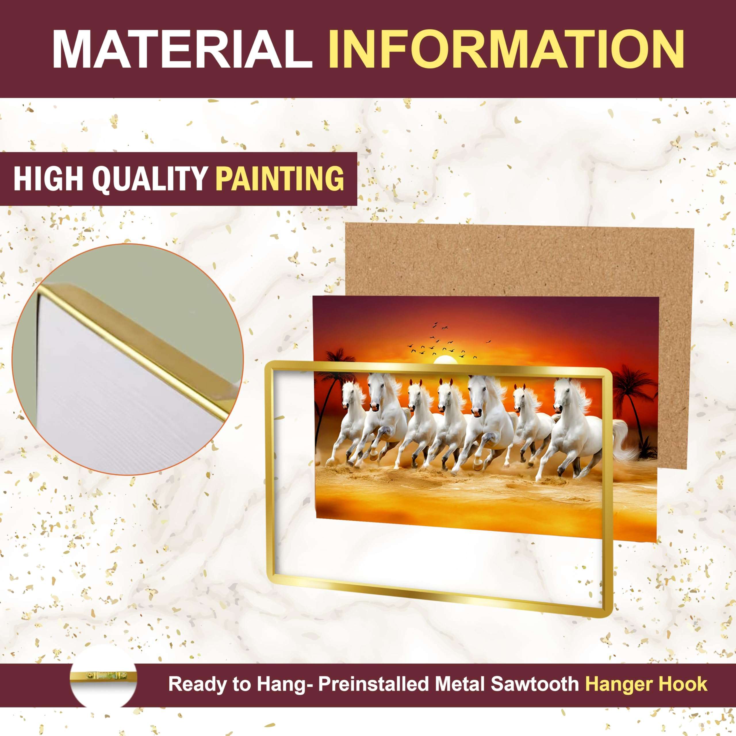 Rousrie 7 Horses Realistic Painting With Frame For Wall Vastu | Seven Running Horse Painting For Wall Decor Living Room Decoration | Big Size Photo Frame 47 by 32 cm (18.5 X12.5 Inch) 3