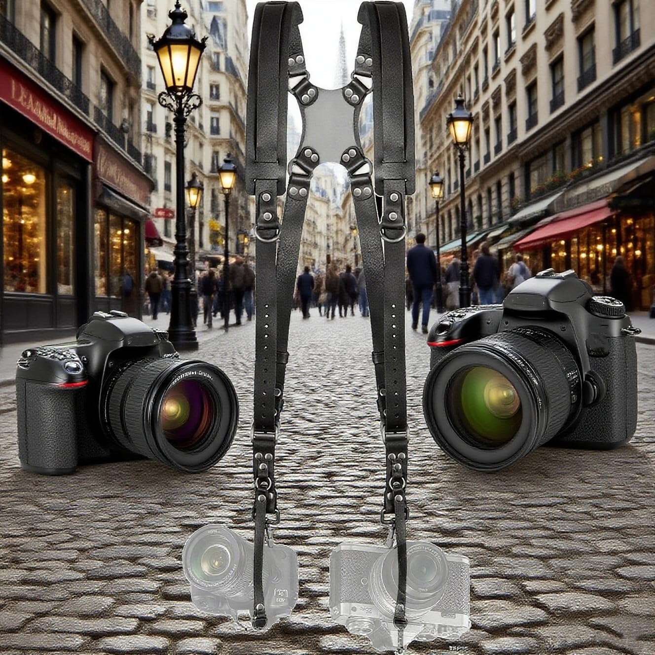 Jerliflyer Double Camera Harness, Quick Release Adjustable Leather Camera Harness for Photographers, Can Hold Two Cameras(Black) 3