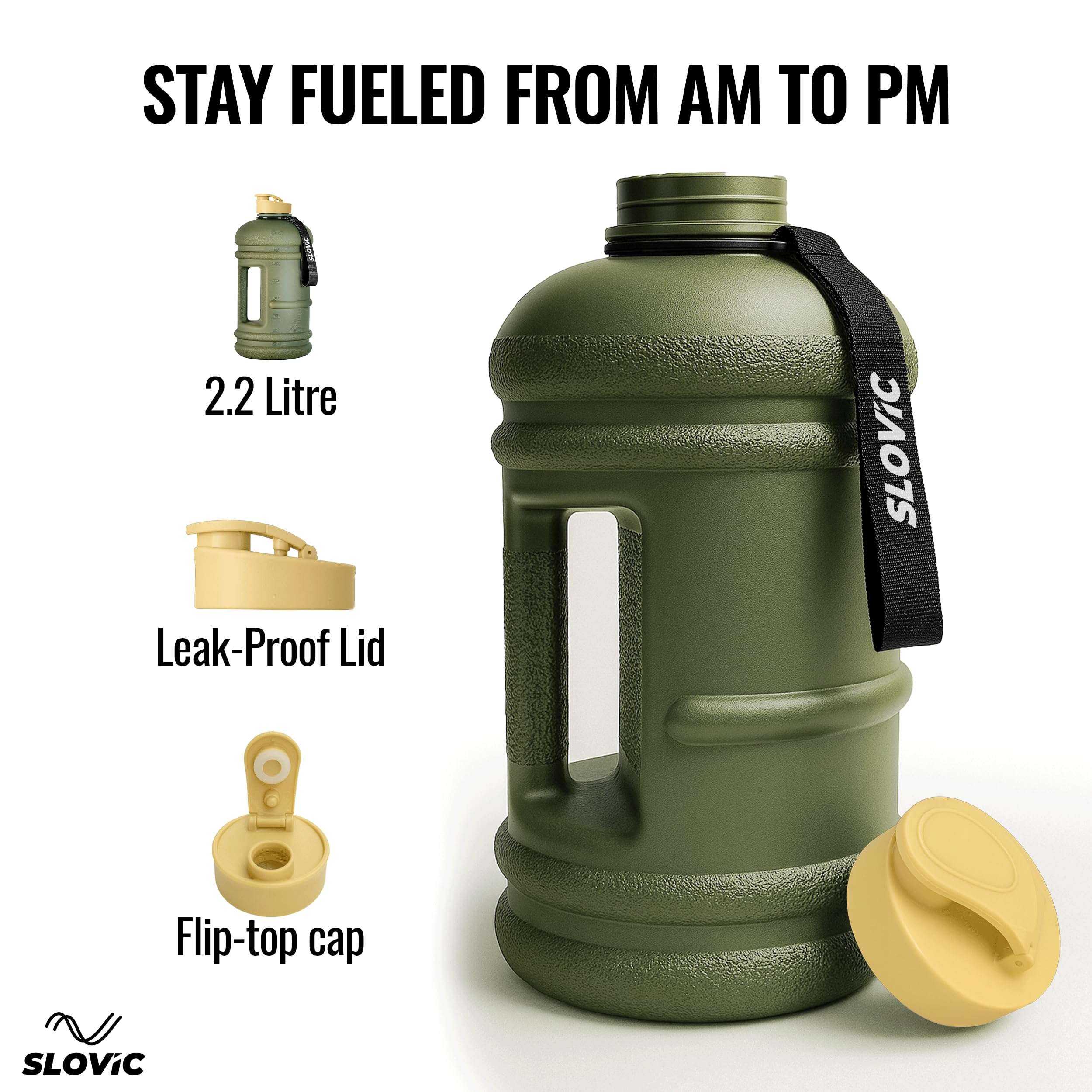 SLOVIC Gallon Water Bottle 2 + Litre | Gym Motivational Sipper Water Bottle for Adults | 100% BPA Free & Leakproof | 2 Litre Sipper for Men & Women with Ergonomic Handle | Dark Green | 2200 ML 6