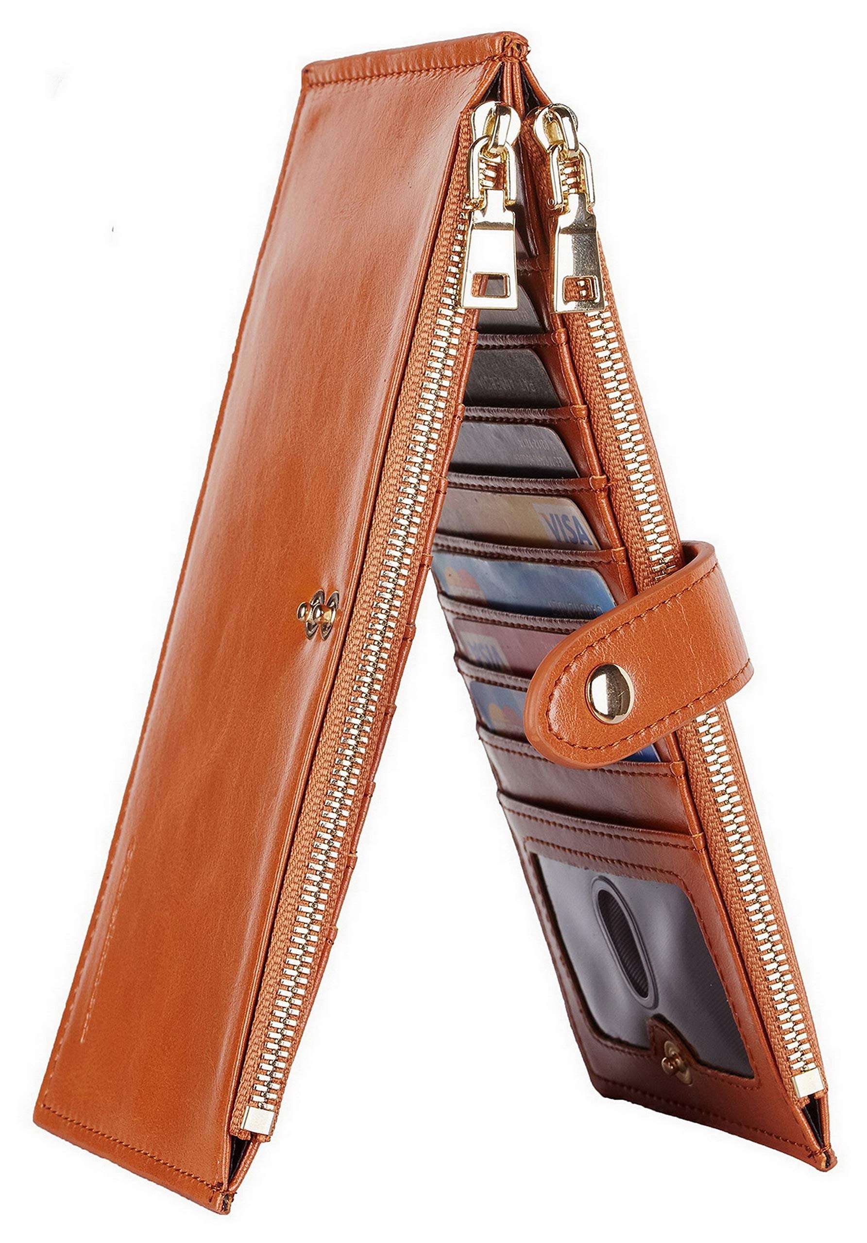 Chelmon Womens Genuine Leather Wallet RFID Blocking Credit Card Holder Zipper Purse(isabella brown)