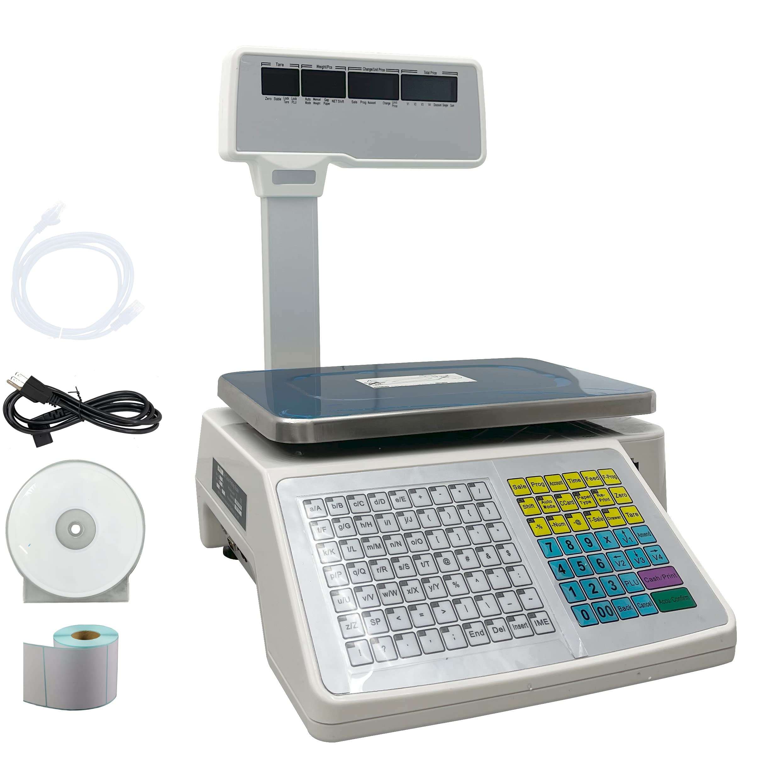 INTSUPERMAI Digital Price Computing Scale with Thermal Label Printer 30lbs Capacity Four-window with Pole Double-sided Supermarket Scale 1