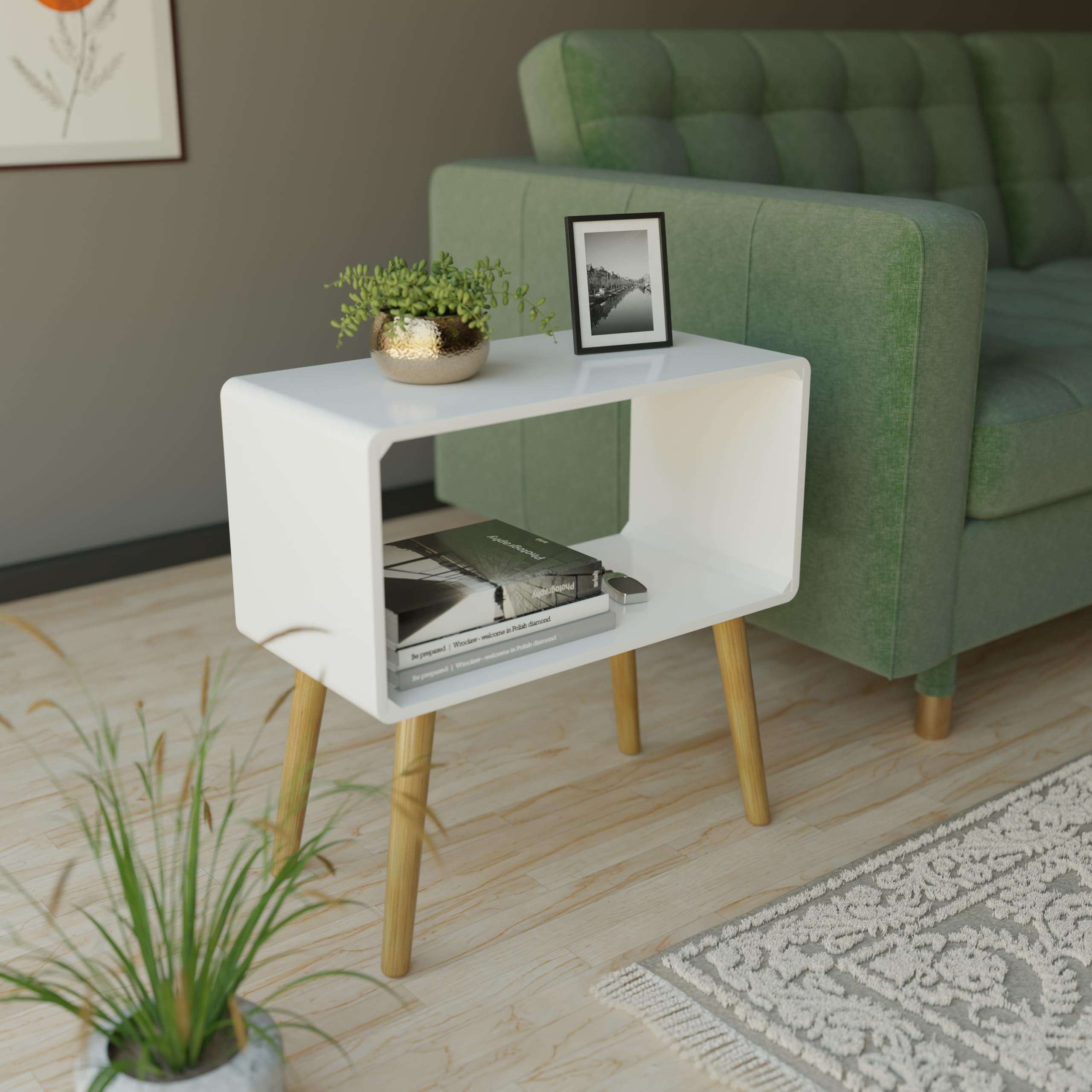 ETIQUETTE ART Retro Bookcase Nightstand, End Table,Bed Side Table for Small Spaces Magazine Stand with Storage Engineered Wood Wooden Bedside Table, Coffee Table, Living Room/Bedroom (White) 4