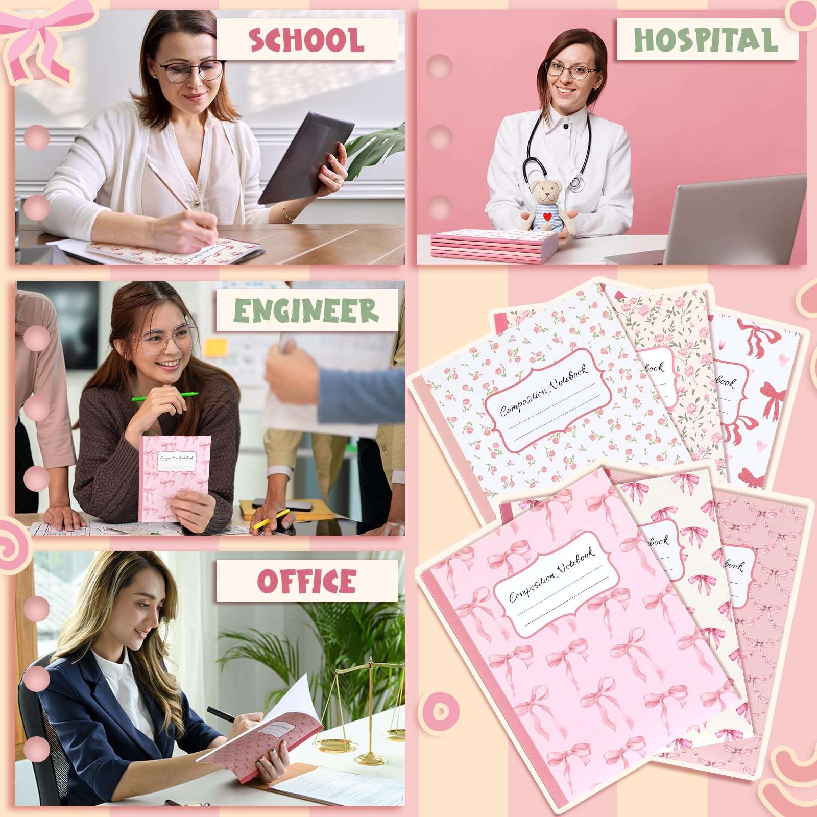 6 Pcs Bow Composition Notebooks Coquette Preppy Journal College Ruled Notebook Gift 110 Pages 9-3/4 x 7-1/2" Composition Notebooks for Mother's Day College Classroom Teacher Supplies(Pink,7" X 9") 6