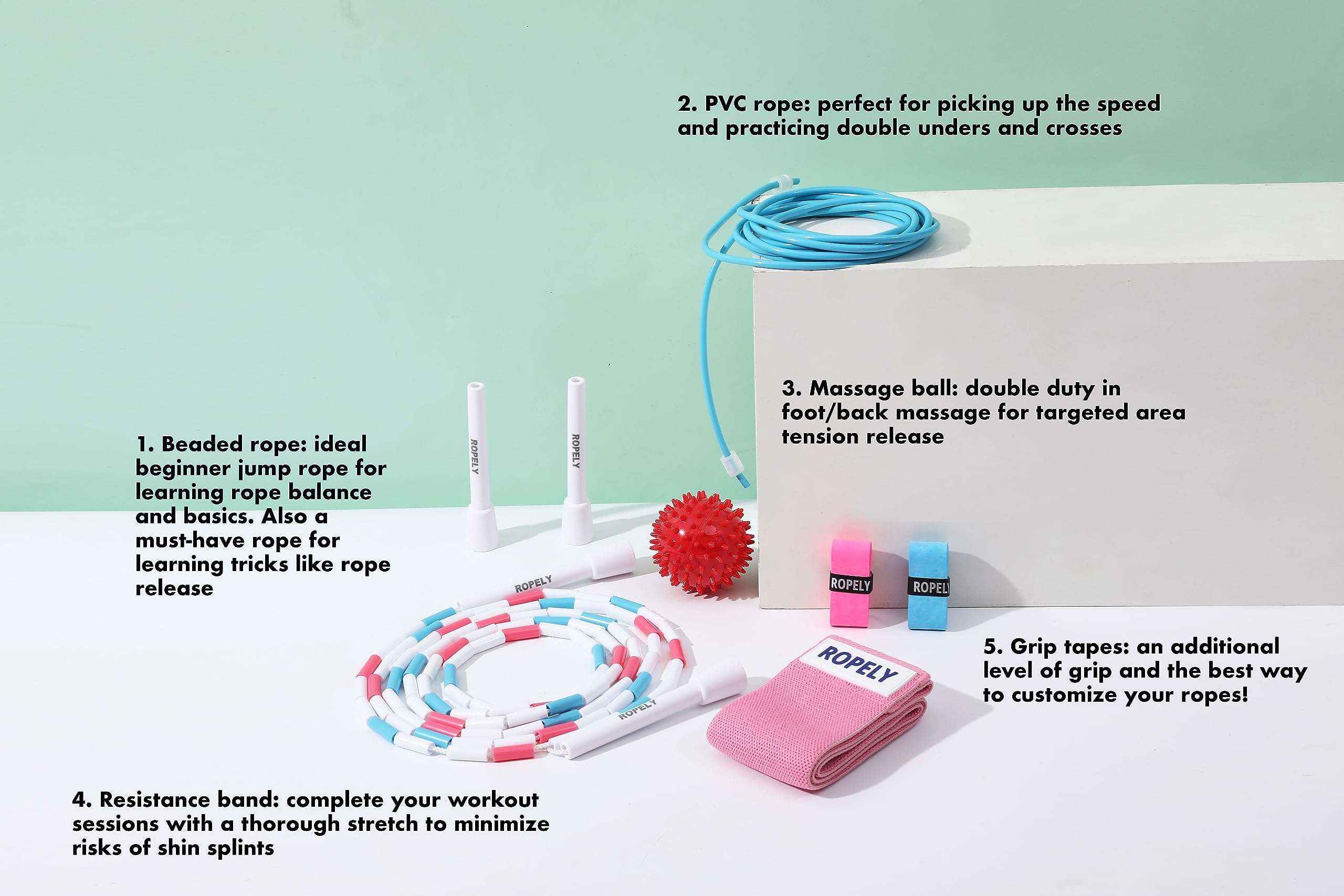 Ropely Skipping Rope 6-in-1 Set Beginner Friendly Kit with Tangle Free Segmented Beaded Rope, PVC Rope, Massage Ball, Resistance Band, and Handle Tape Ideal for Cardio Fitness, Adjustable Length 3