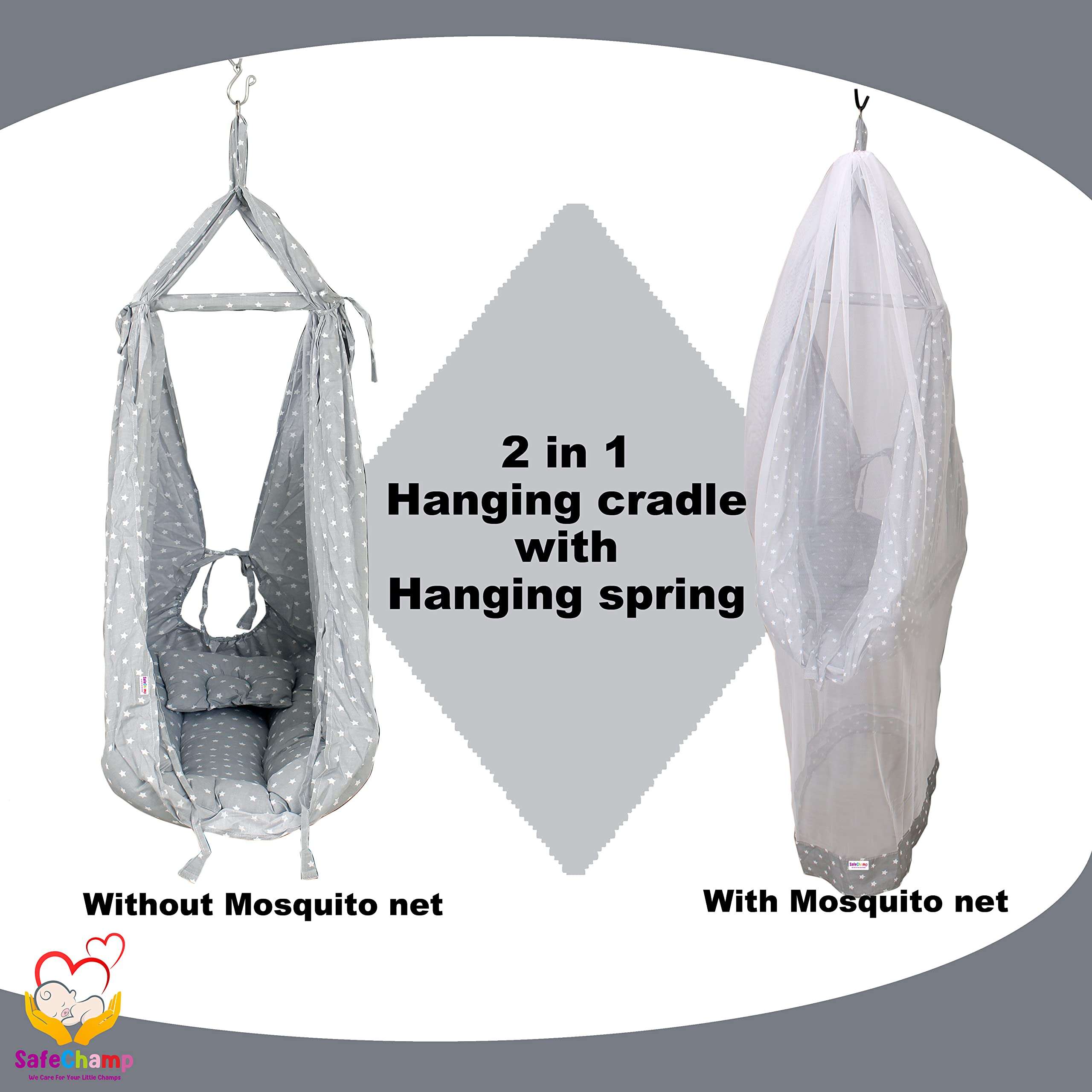 SafeChamp Roxy Baby Swing Cradle with Mosquito Net, Pillow, Spring and Metal Window Cradle Hanger (Grey) 3