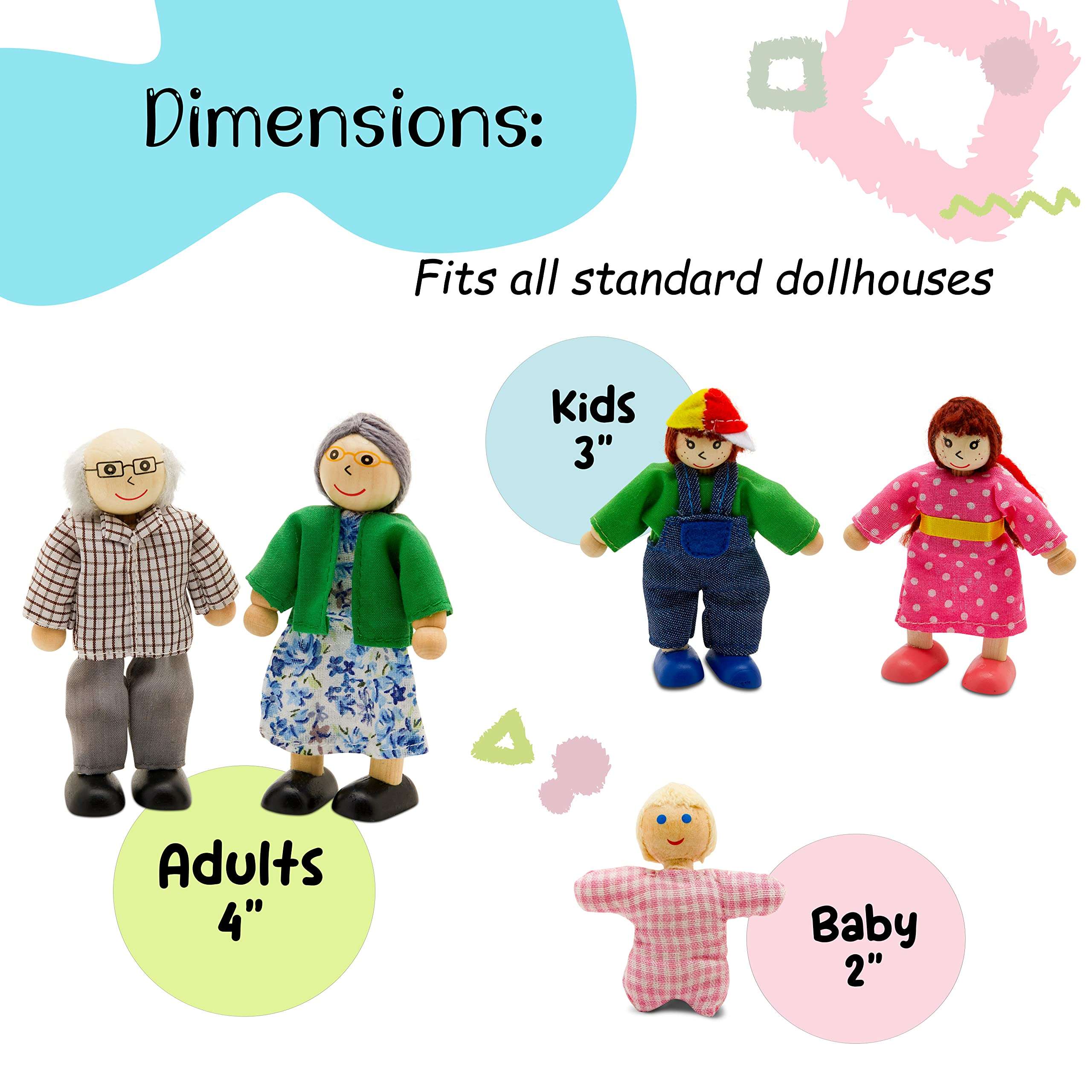 Wooden Dollhouse Family Set - 8 Piece Kit with Mom, Dad, Grandparents, Children, Baby and Dog – 100% Natural Wood, Nontoxic Paint, Smooth Edges 6