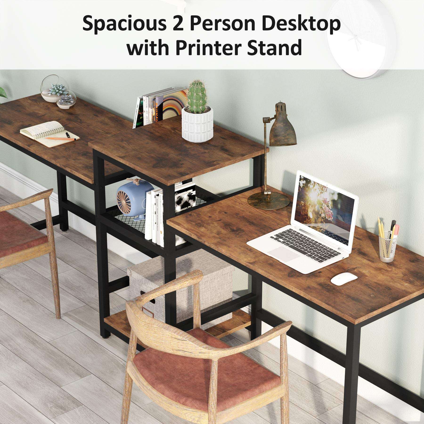 Tribesigns 96.9" Double Computer Desk with Printer Shelf, Extra Long Two Person Desk Workstation with Storage Shelves, Large Office Desk Study Writing Table for Home Office (Light Brown) 4