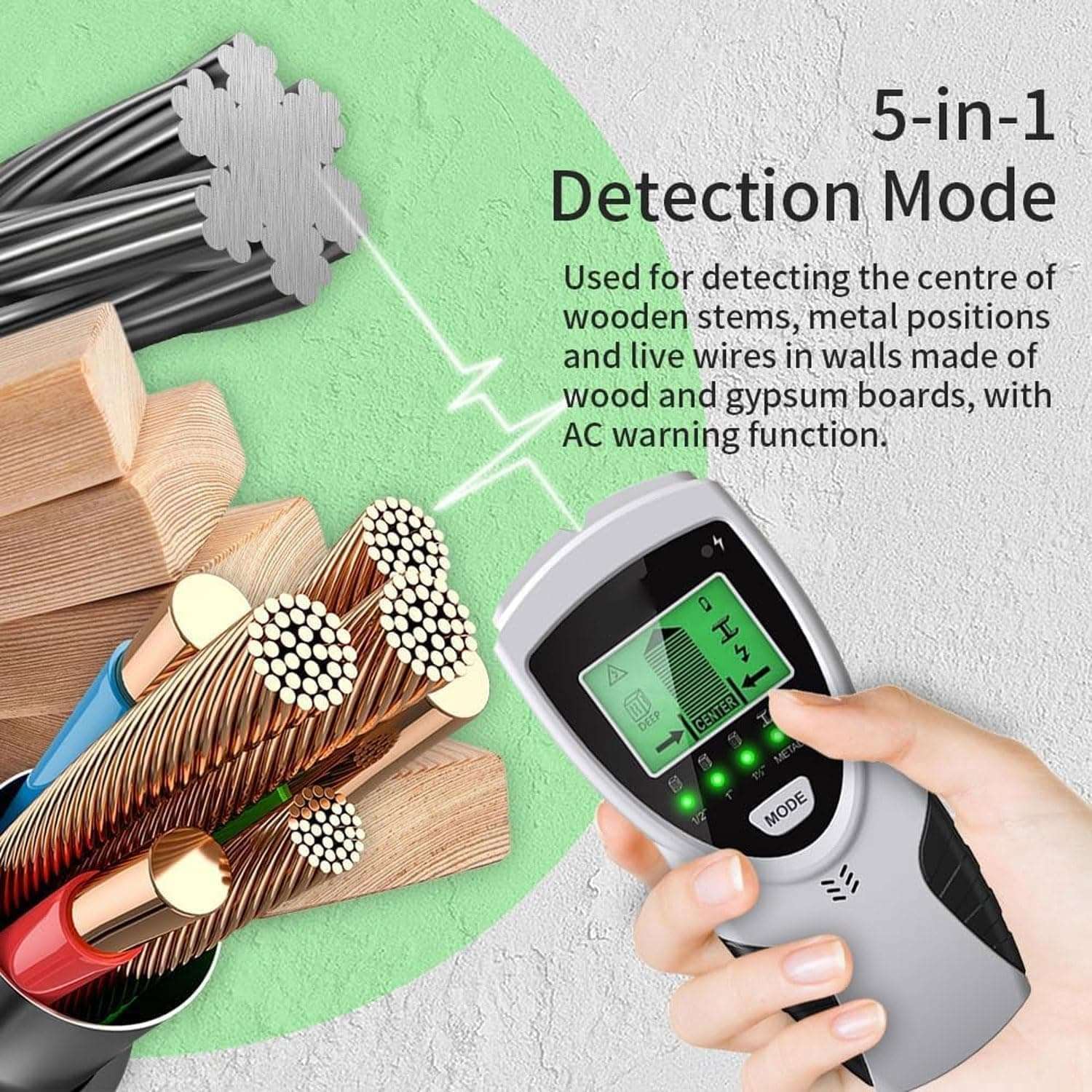 Erbaofd Stud Finder Wall Scanner, 5 in 1 Stud Finder, Wall Scanner, Cable Finder Wall Detector, with LCD Display and Audio Alarm, Stud Detector for Wood AC Wire Metal 6
