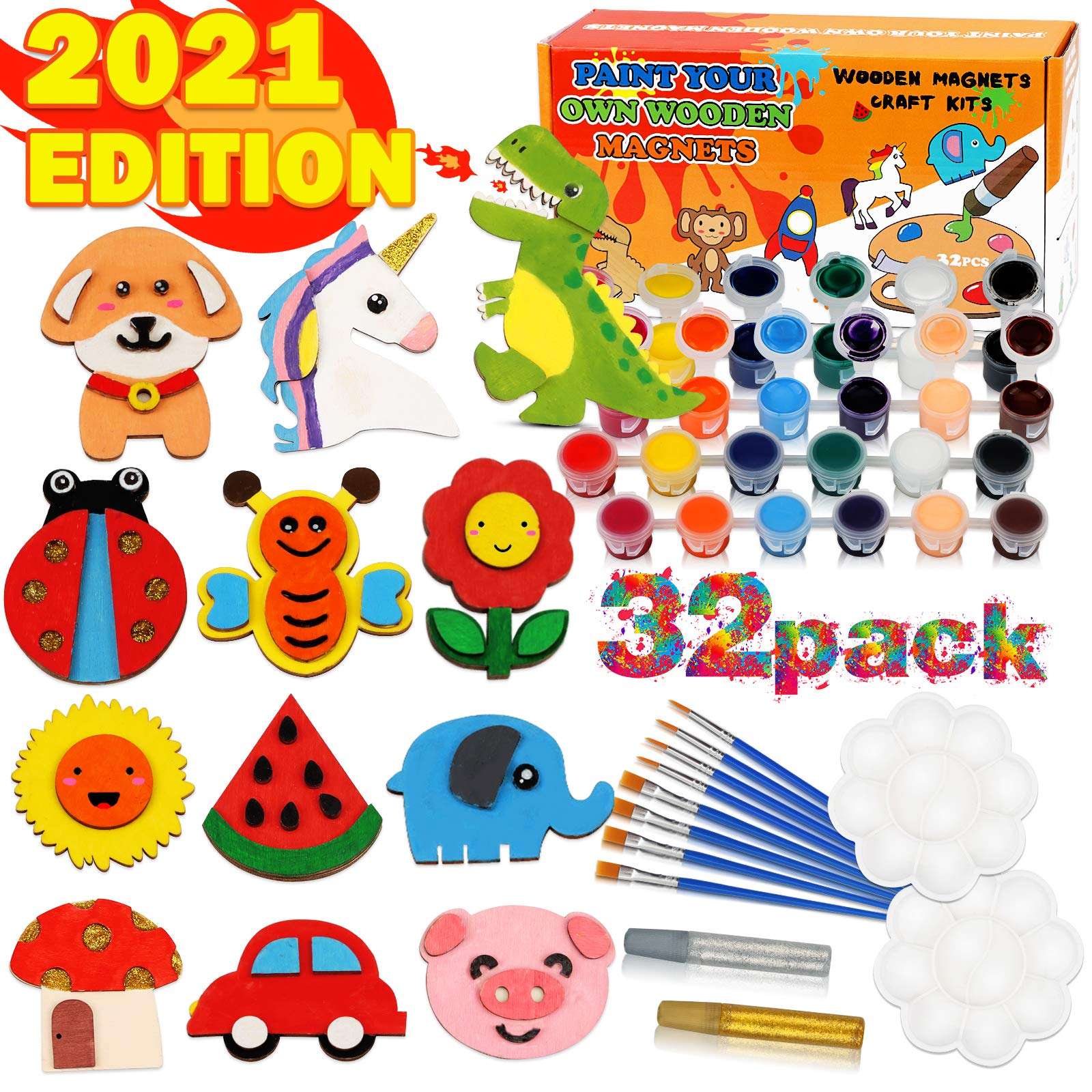Hamsoo 32 Pack Wooden Arts and Crafts Age 4 5 6 7 8 9 10, Paint Your Own Wooden Magnet for Kids Painting Craft Kit and Art Set Age 8-12 Boys and Girls Party Favors, Supplies Art and Crafts Set 1