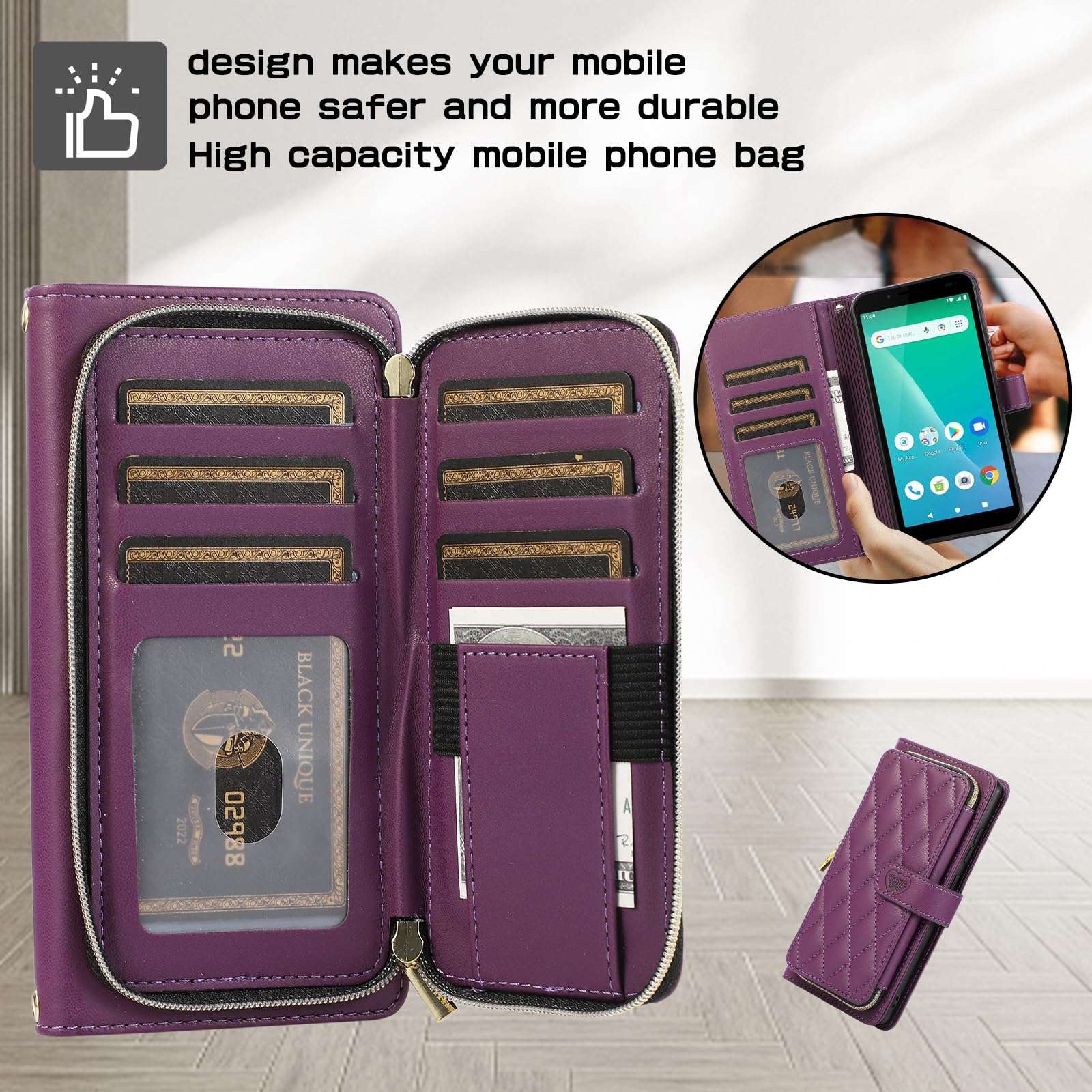 Furiet Argyle Wallet Case for Unimax UMX U696CL with Wrist Strap Shoulder Strap, 9+ Card Slots Zipper Purse Luxury PU Leather Card Holder Stand Checkered Cell Phone Cover for Women Girls Deep Purple 4