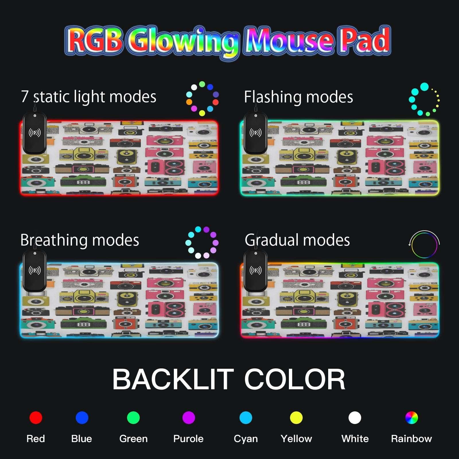 CZXW Old Fashioned Photo Cameras Gaming Mouse Pad Led Mousepads RGB Backlit with 14 Lighting Modes, Non Slip Base Soft Computer Keyboard Mat for Gaming PC Laptop Desk, S 5