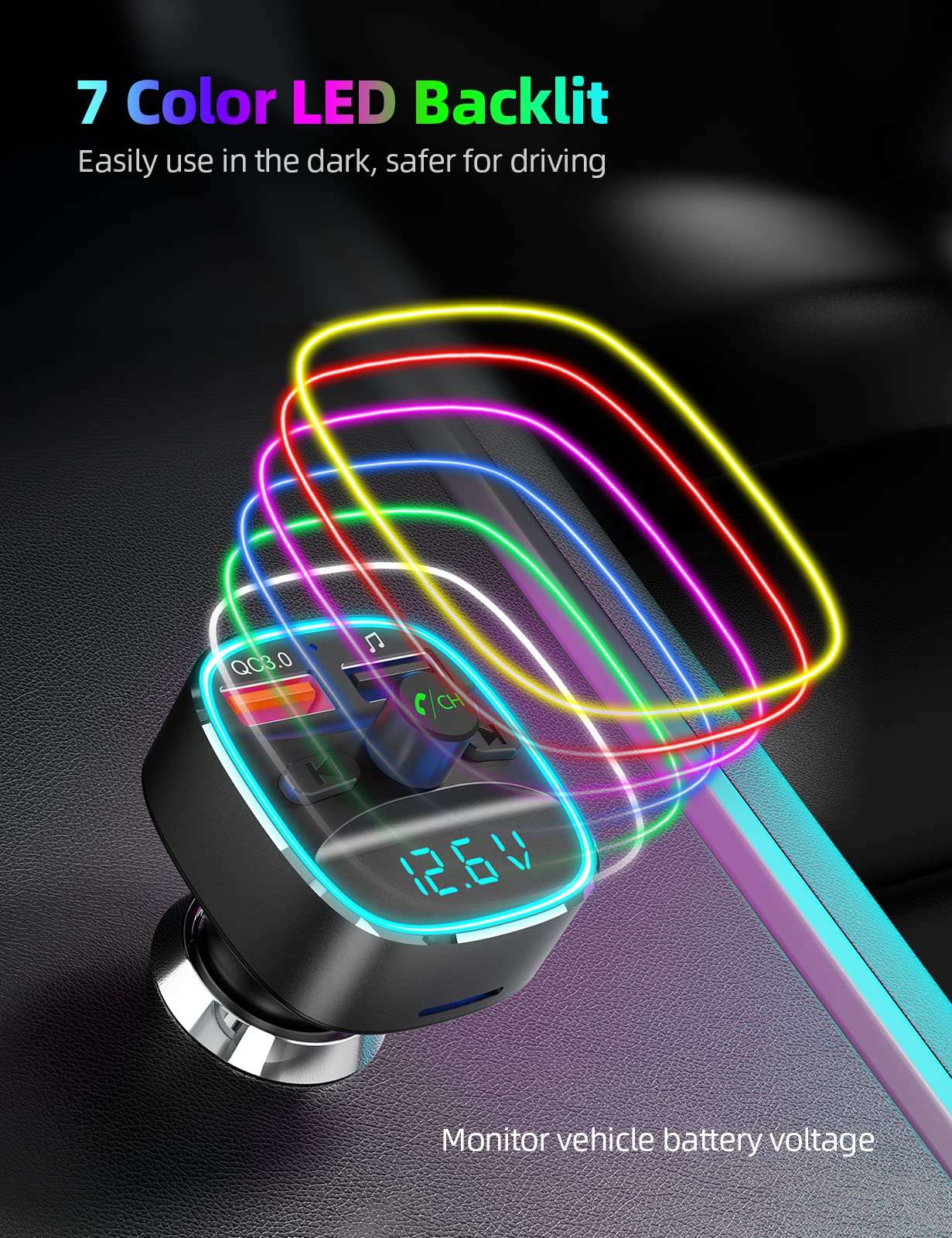 Nulaxy Bluetooth FM Transmitter, Bluetooth Car Adapter with Dual USB Charger Wireless Radio Car Kit MP3 Player Support TF Card & USB Disk, Hands-Free Calling, 7 Colors Led Backlit Light, Black 5