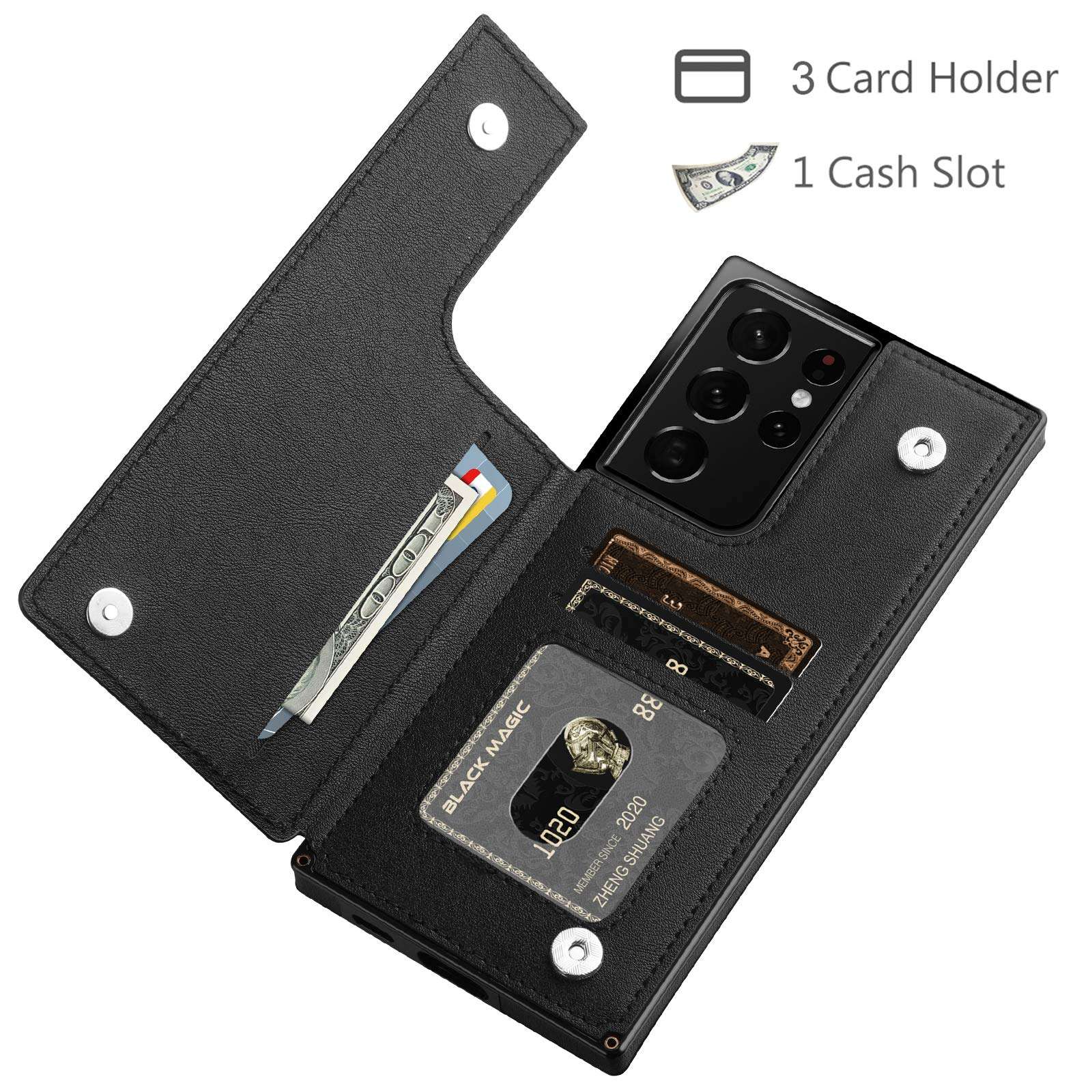 HianDier Compatible with Samsung Galaxy S21 Ultra Wallet Case 5G 6.8 Inch Slim Protective Case Credit Card Slot Holder Flip Folio Soft PU Leather Magnetic Closure Kickstand Square Cover, Black 4