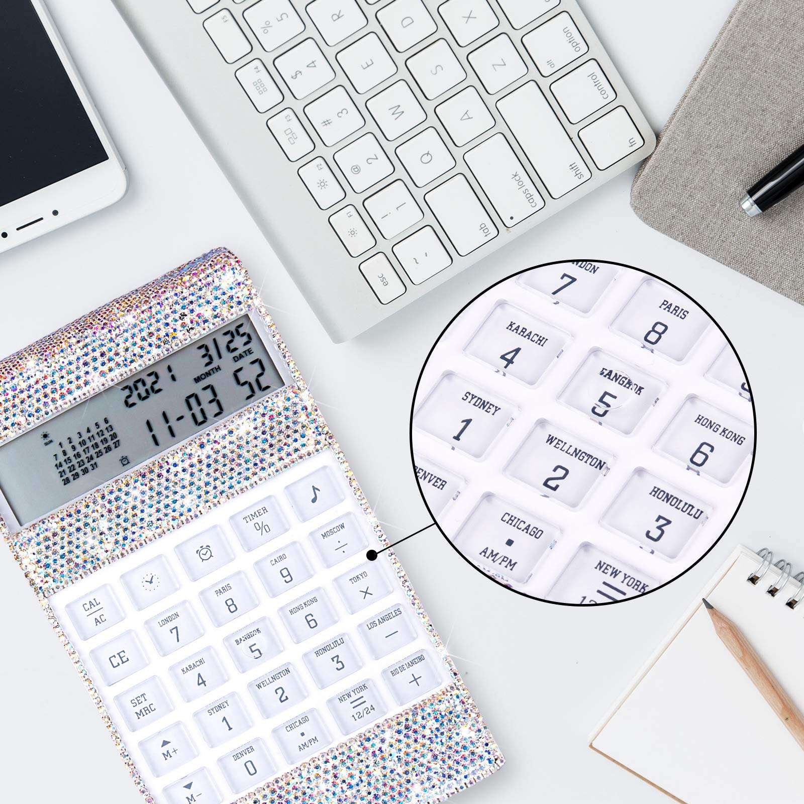 Office Calculator with Bling Crystal Decorative with Calendar Time Alarm Clock for Fashionable Desk Accessory, Office or Home Gift (AB Color) 5