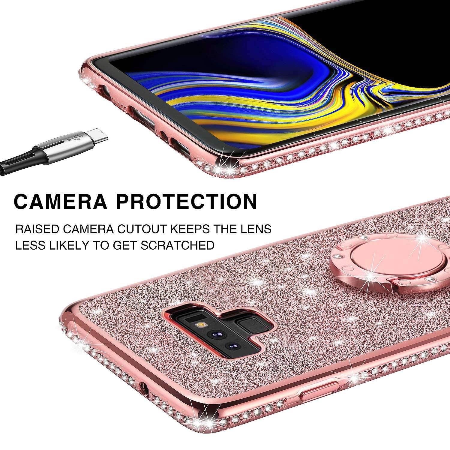 ZUDRITT Samsung Galaxy Note 9 Case, Ultra-Slim Glitter Diamond Bling Shockproof Silicone Soft TPU Cover, with Ring Stand Holder for Samsung Galaxy Note 9 Women Case (Rose Gold) 5