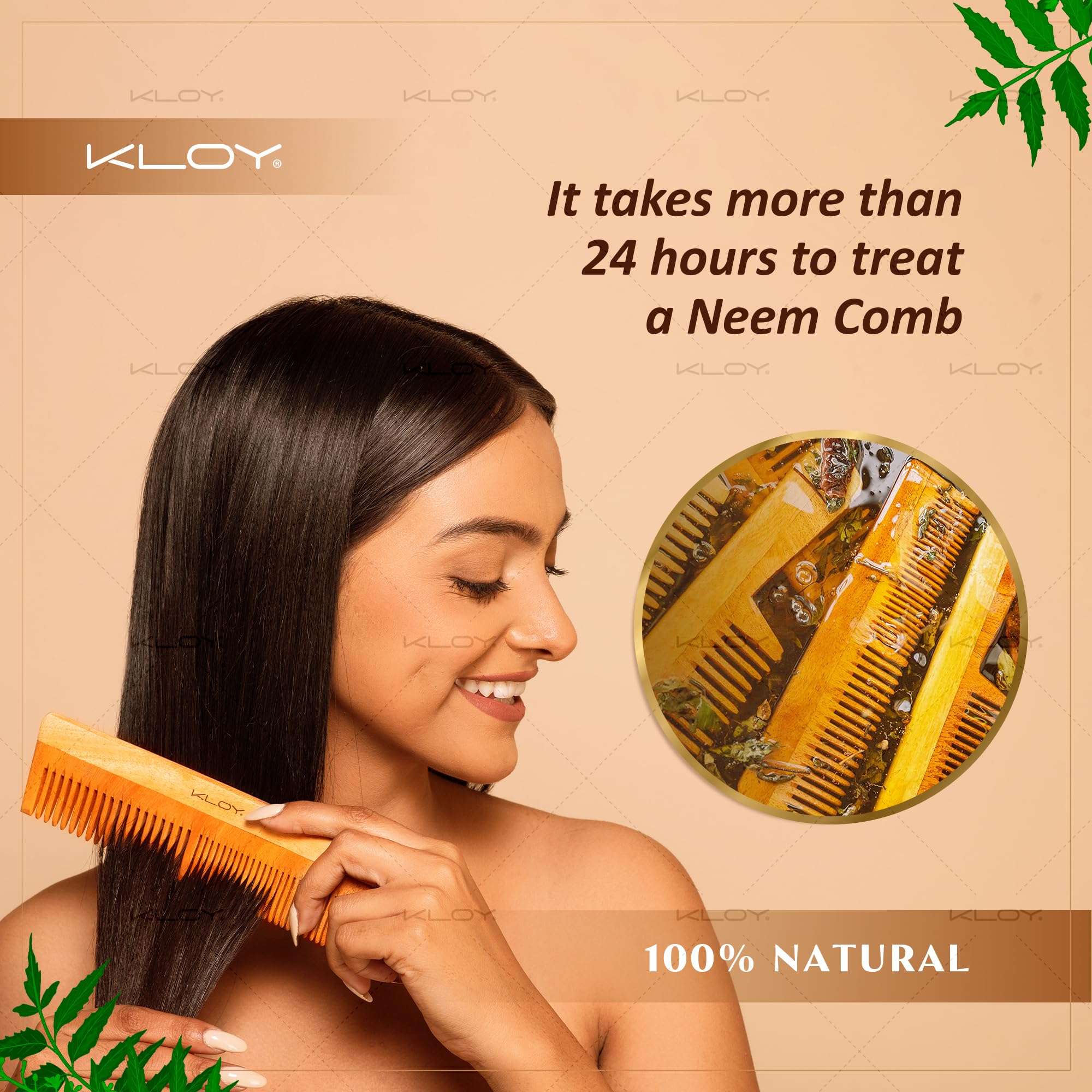 KLOY Oil Treated Kacchi Neem Comb, Treated with Neem Oil, Bhringraj & 15+ Herbs, Hair Growth, Anti Hairfall, Dandruff Control | Hair Straightening, Frizz Control Comb For Men, Women (Dual Tooth) 4