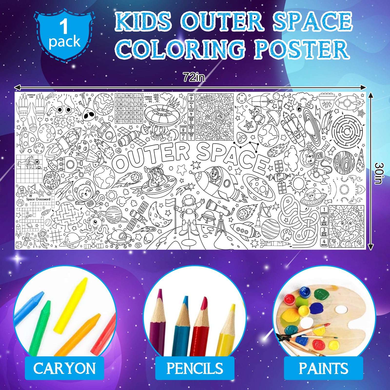 Outer Space Giant Coloring Poster for Kids 30 x 72 Inch, Space Large Coloring Poster Tablecloth, Outer Space Themed Color-in Activities Games for Kids School Classroom Home Party Supplies Decorations 3