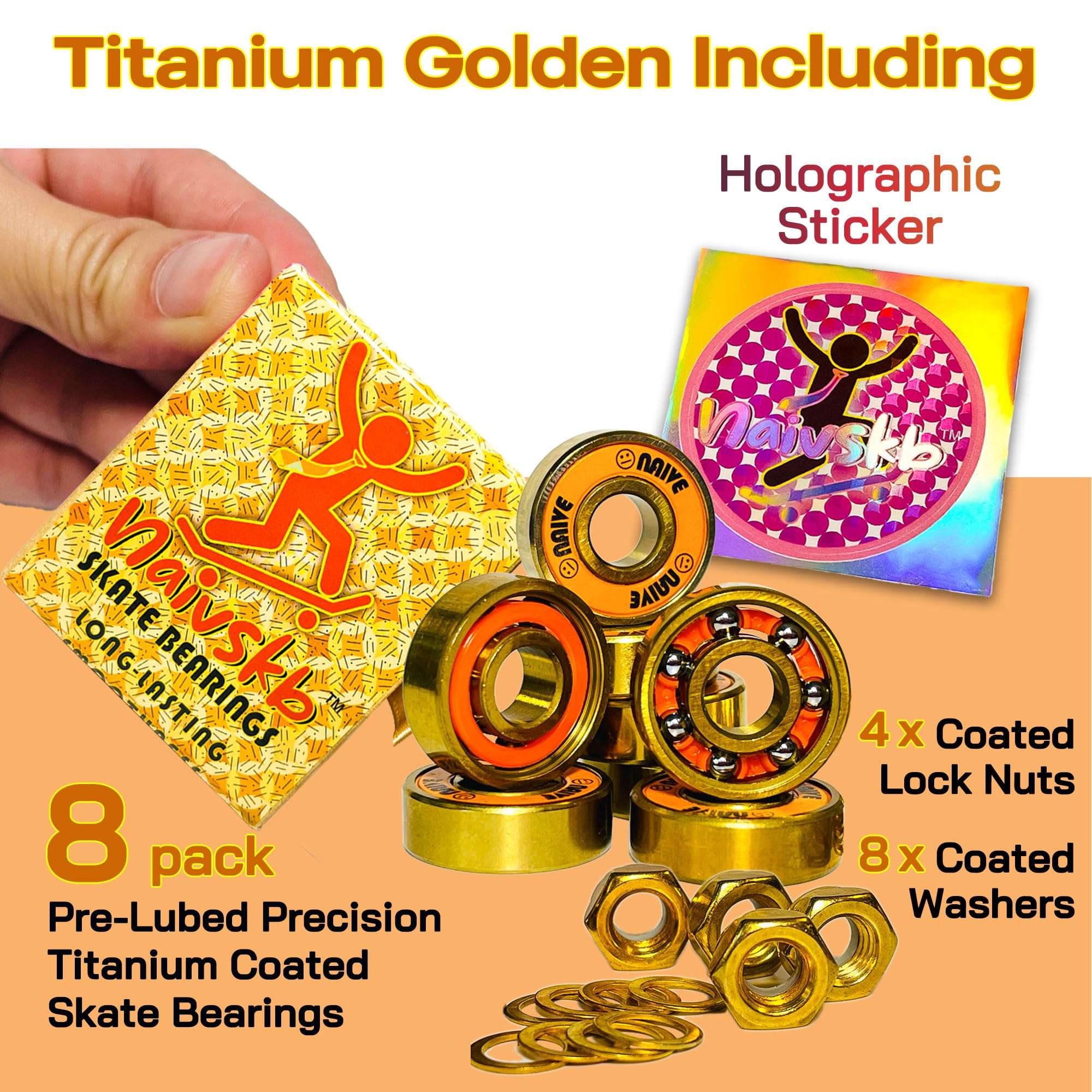 Naivskb Skate Bearings 8mm 8 Pack w/Nuts Washers Skateboard Longboard Roller Skates Surfskate(Golden Orange) 3