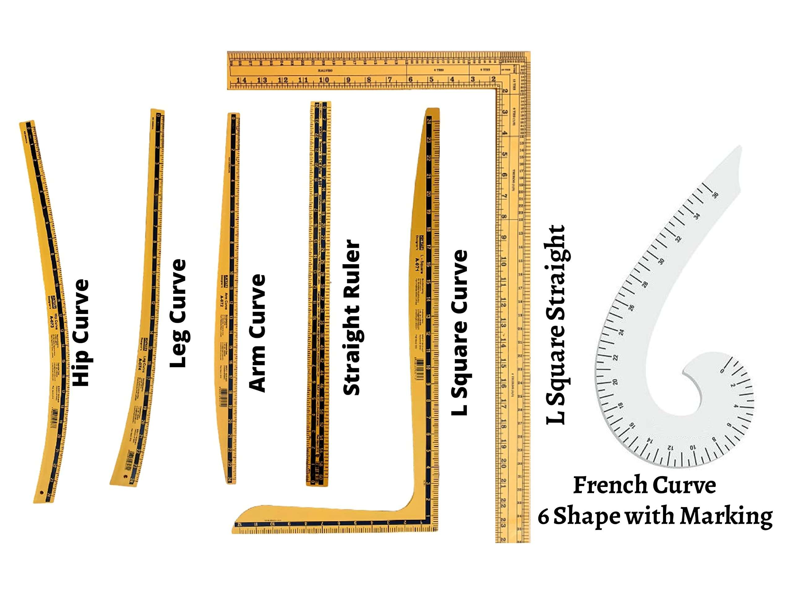 KHYATI Tailoring Scales/Fashion Designing Scale- Hard Plastic Scale- Set of 6- L- Square Curve, L-Square Straight, Hip Curve, Leg Curve, Arm Curve, Straight Ruler Along with French Curve with Marking 2