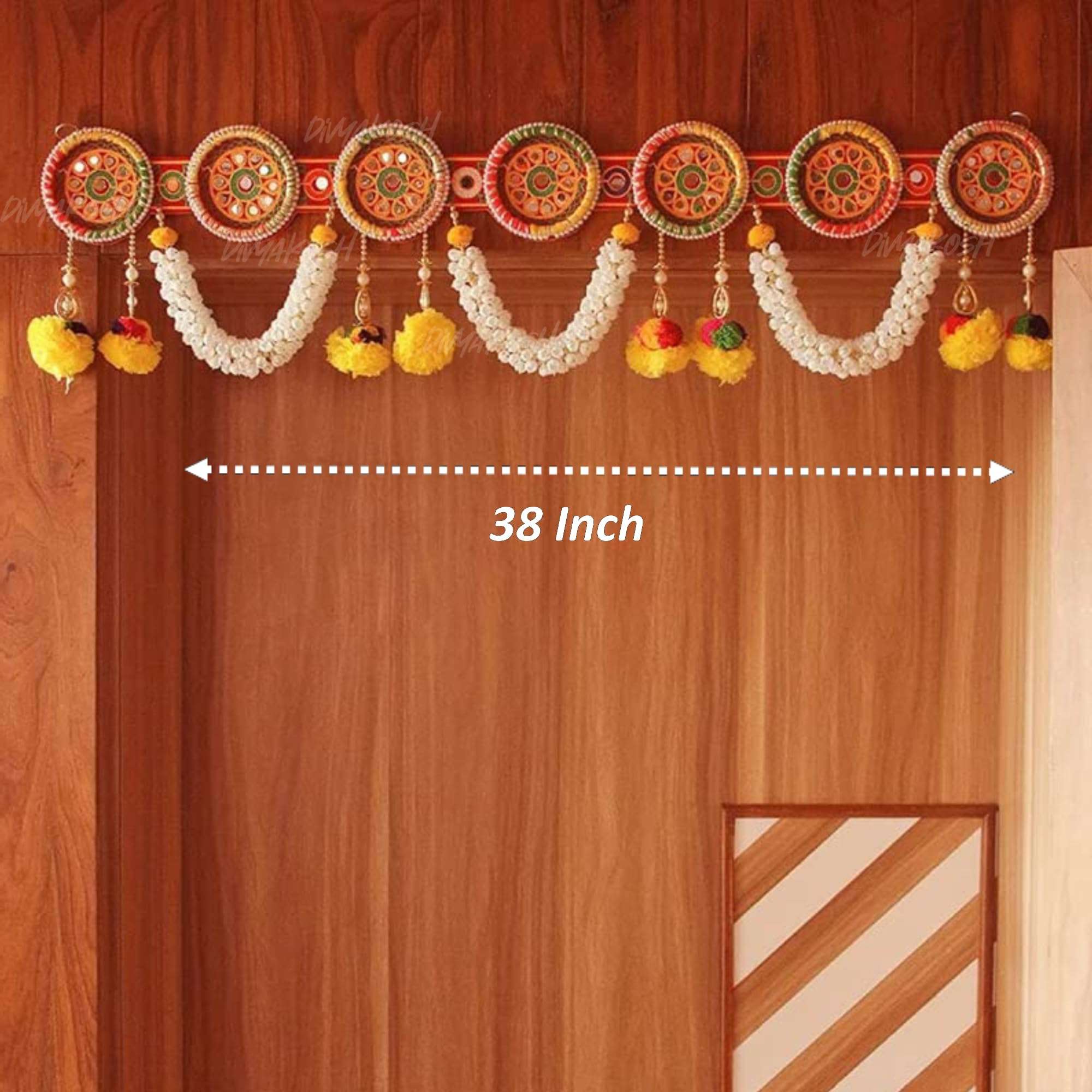 Divyakosh Toran/Bandanwar for Home Decoration and Office, Round Embroidery Work and Pom Pom Mogra Flower Toran Decoration Hanging/Bandarwal/Toran for Door | Size 38 Inch | 3