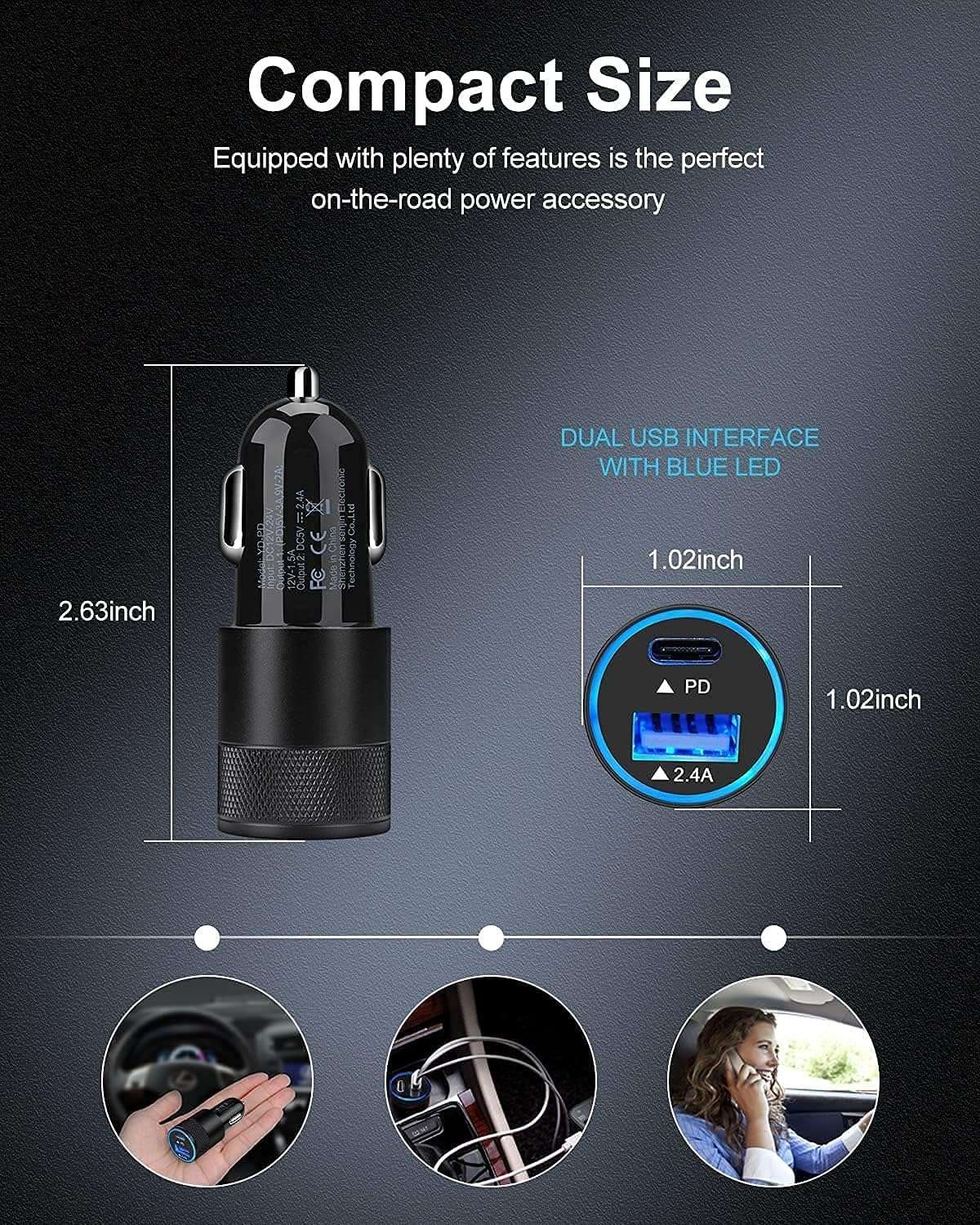 USB C Car Charger, USB Type C Fast Power Charging Block Dual Port USB A & USBC Plug Cargador Carro Lighter Adapter for Compatible 5