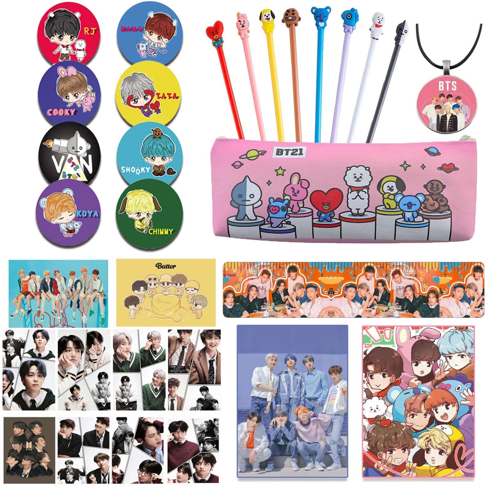 Colorful Learning Gift Set Including Pens and bag, Ruler, Necklace, Mini Notebooks, Button Pins and Card Stickers for Army. 4