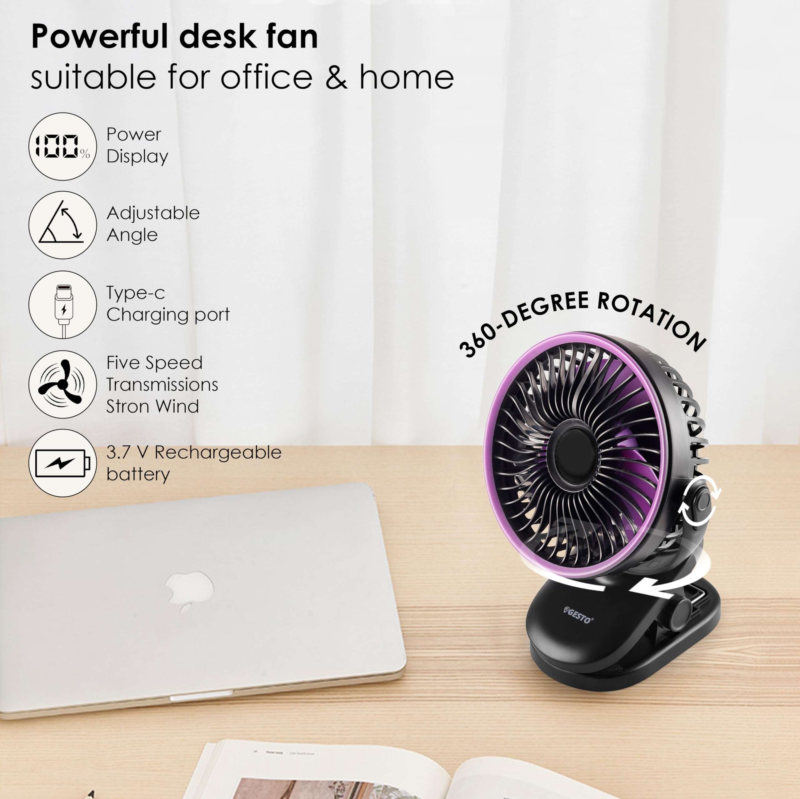 Gesto High Speed Rechargeable Clip-On Table Fan with Digital Display – 360° Moving USB Charging Fan for Home,Kitchen,Baby Stroller | 2000mAh Battery,5 Speed Modes,Portable Battery Operated Fan -Black 6