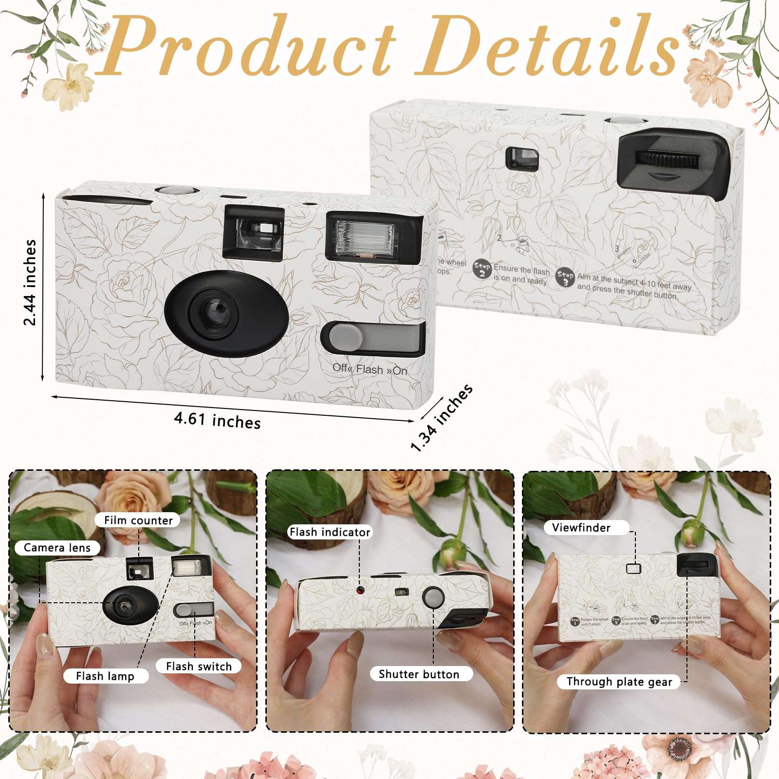 12 Pack Disposable Cameras for Wedding Bulk, 35mm Golden Rose Single-Use Film Cameras with Flash, One Time Cameras for Birthday Party Baby Shower Gathering Wedding, lSO 400 Film,17 Exposures 3