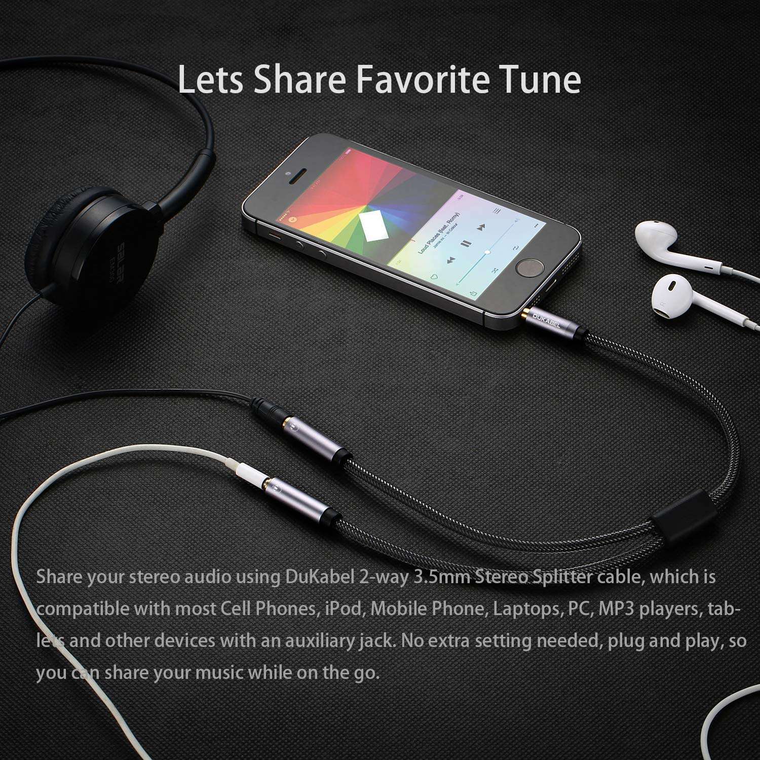 DUKABEL Headphone Splitter, Strong Braided & Gold-Plated 3.5mm Stereo Audio Y Splitter Cable 4-Pole Male to 2-Female Port Audio Stereo Cable Dual Headphone Jack Adapter Top Series 2