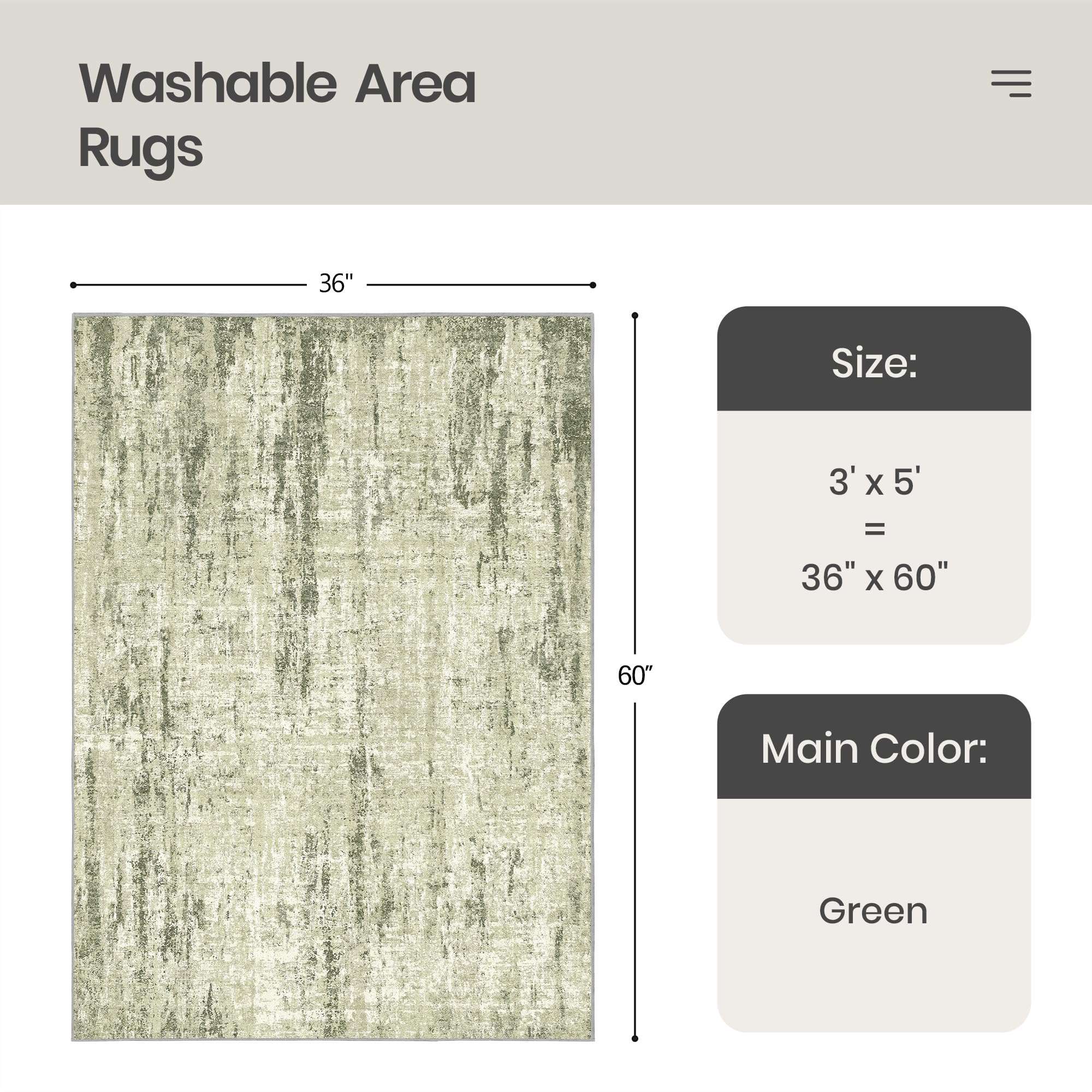 Valenrug Washable Rug 3x5 - Stain Resistant 3x5 Area Rugs for Living Room, Non Slip Backing Printed Rugs for Bedroom, Folable Area Rug(3'x5', Green) 2