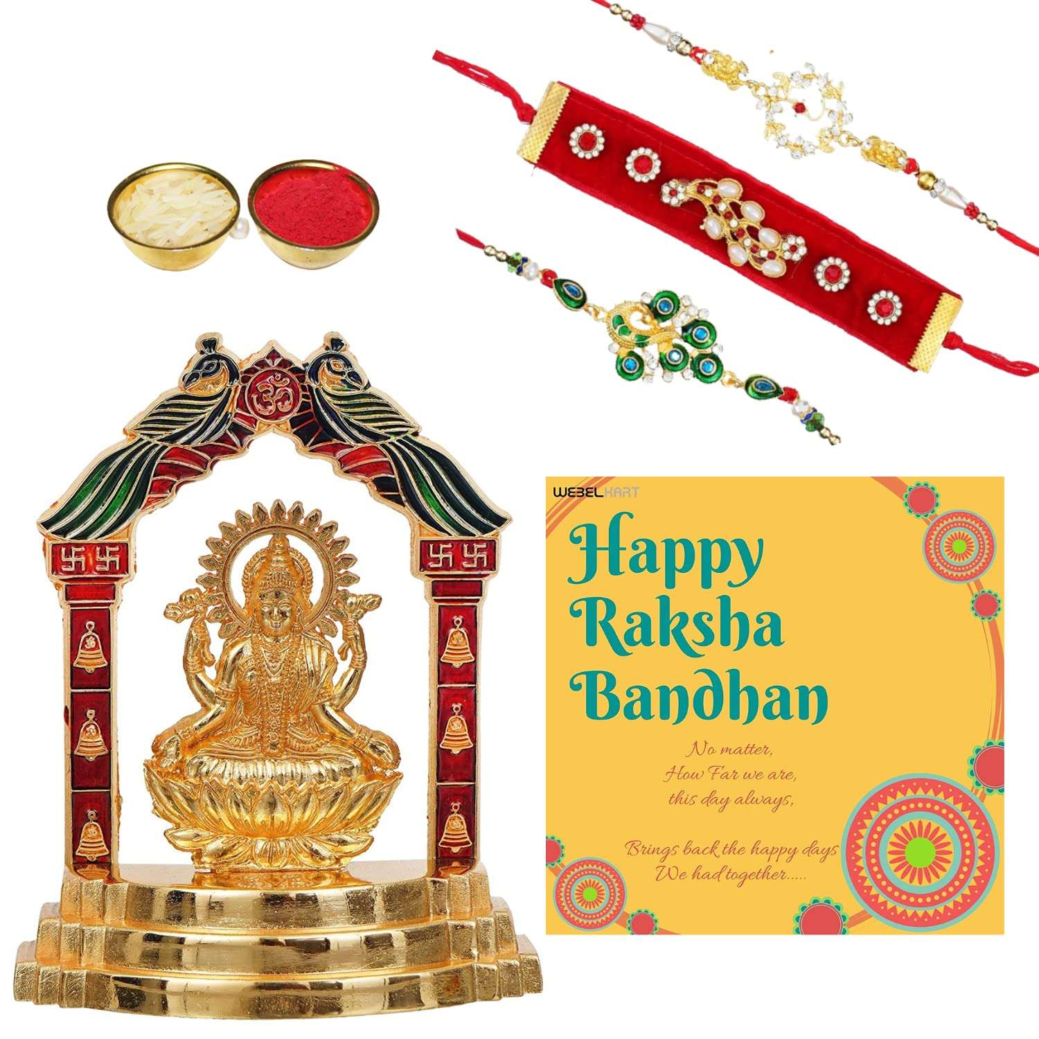 Webelkart Premium Combo of 3 Designer Rakhi for Brother and Bhabhi and Kids, 1 Greeting Card and Roli Chawal Pack with Lord Laxmi Ji Idol Statue 1