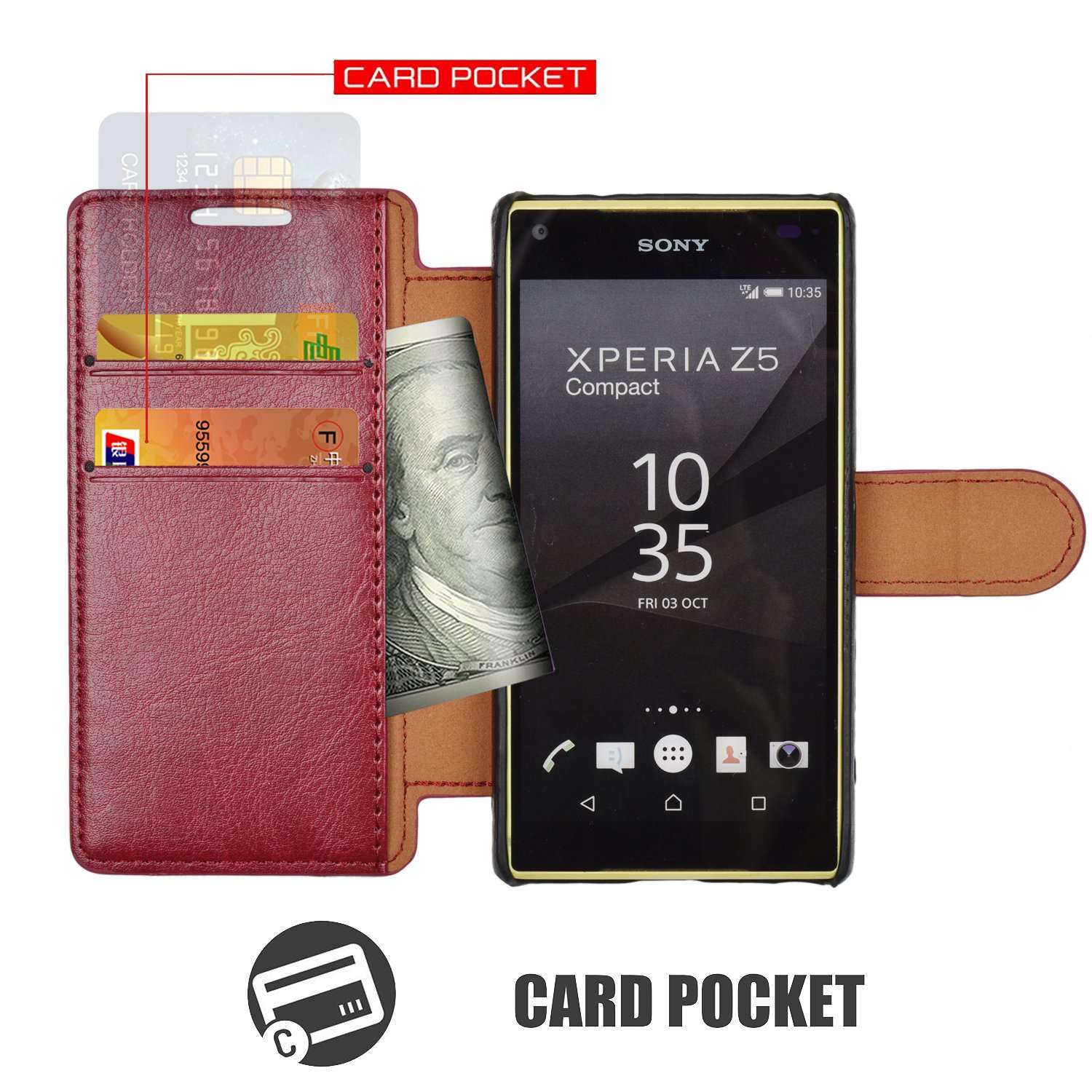 Mulbess Layered Sony Xperia Z5 Compact Leather Case，Flip Phone Case Wallet with Magnetic Clasp for Sony Xperia Z5 Compact Cover, Wine Red 3