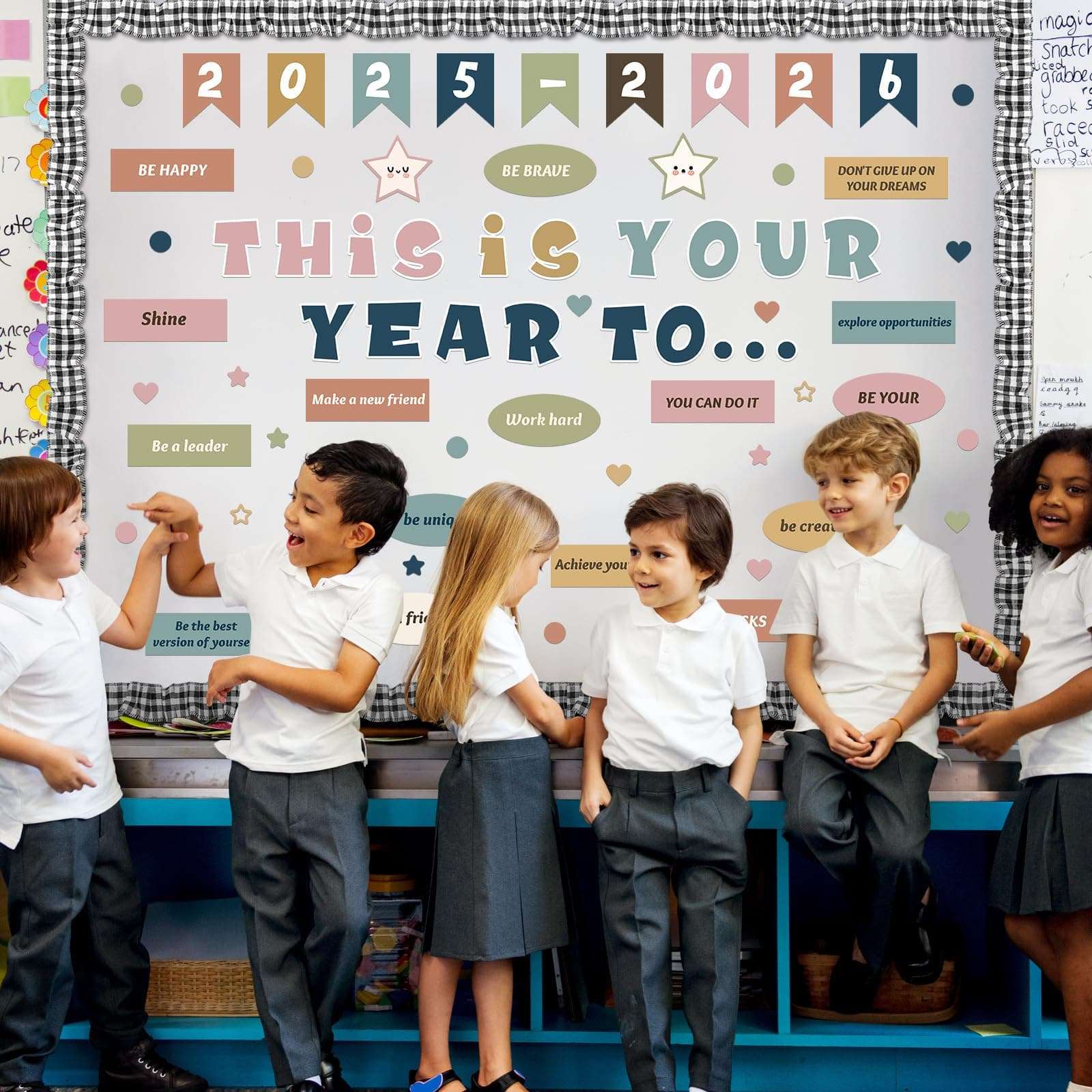 Feifeiya 81 Pcs Boho Welcome Back to School Bulletin Board This is Your Year to Bulletin Board Inspirational Cutouts with White Black Burlap Border for 2025 School Classroom Bulletin Board Wall Decor 6