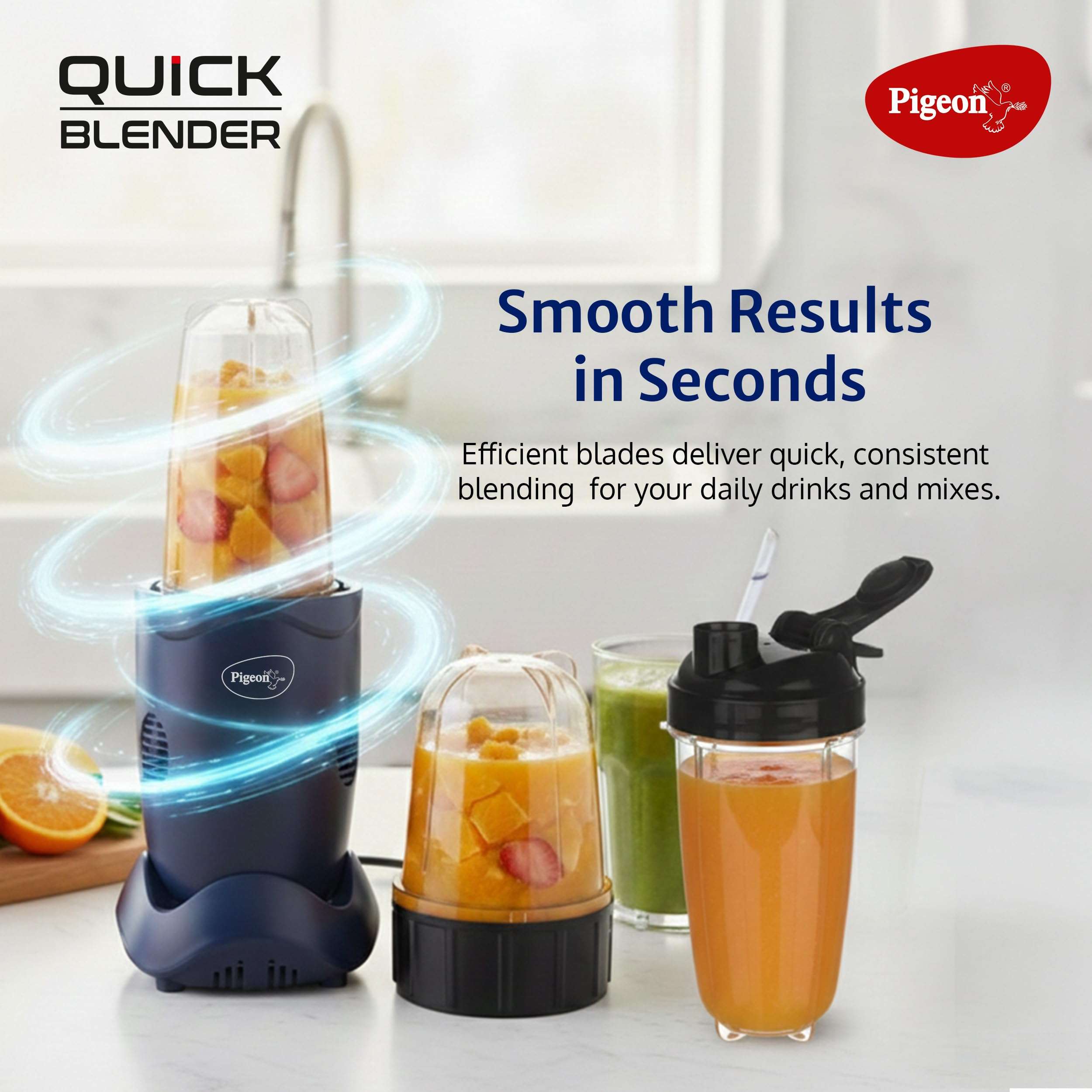 Pigeon By Stovekraft Quick Blend | Grinder Juicer Blender Smoothie Maker All-in-1 Machine | 400 Watt | 3 Jars 500ml,Dry Grind 300ml,1 Sipper, 1 Strainer lid, 2 Cap |2 Blades|1 Year Warranty 5