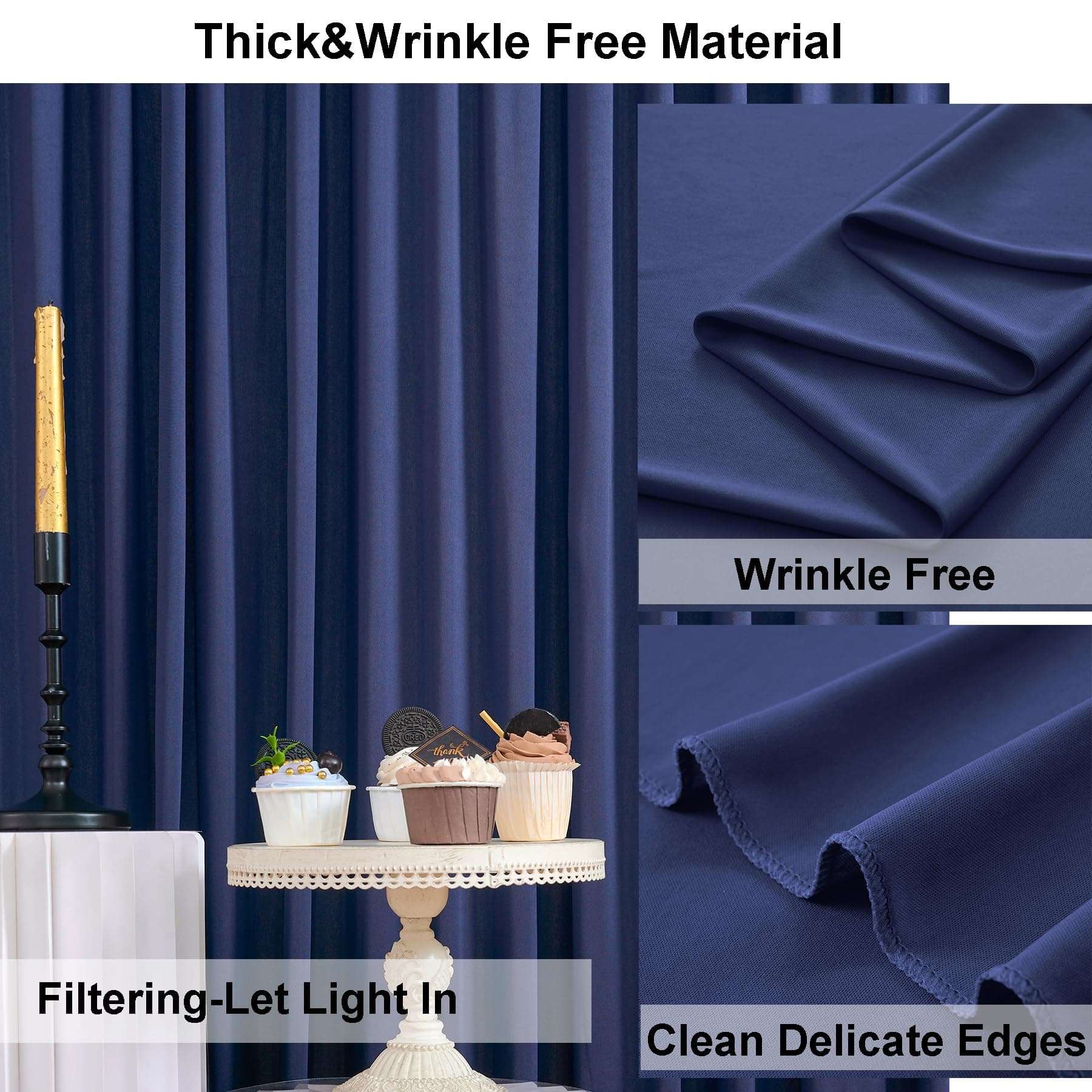40ft×10ft Navy Blue Wrinkle Free Backdrop Curtains for Parties, 8 Panels 5×10ft Thick Silky Polyester Navy Photo Backdrop Drapes Curtains for Graduation Party Birthday Baby Shower Wedding Photography 4