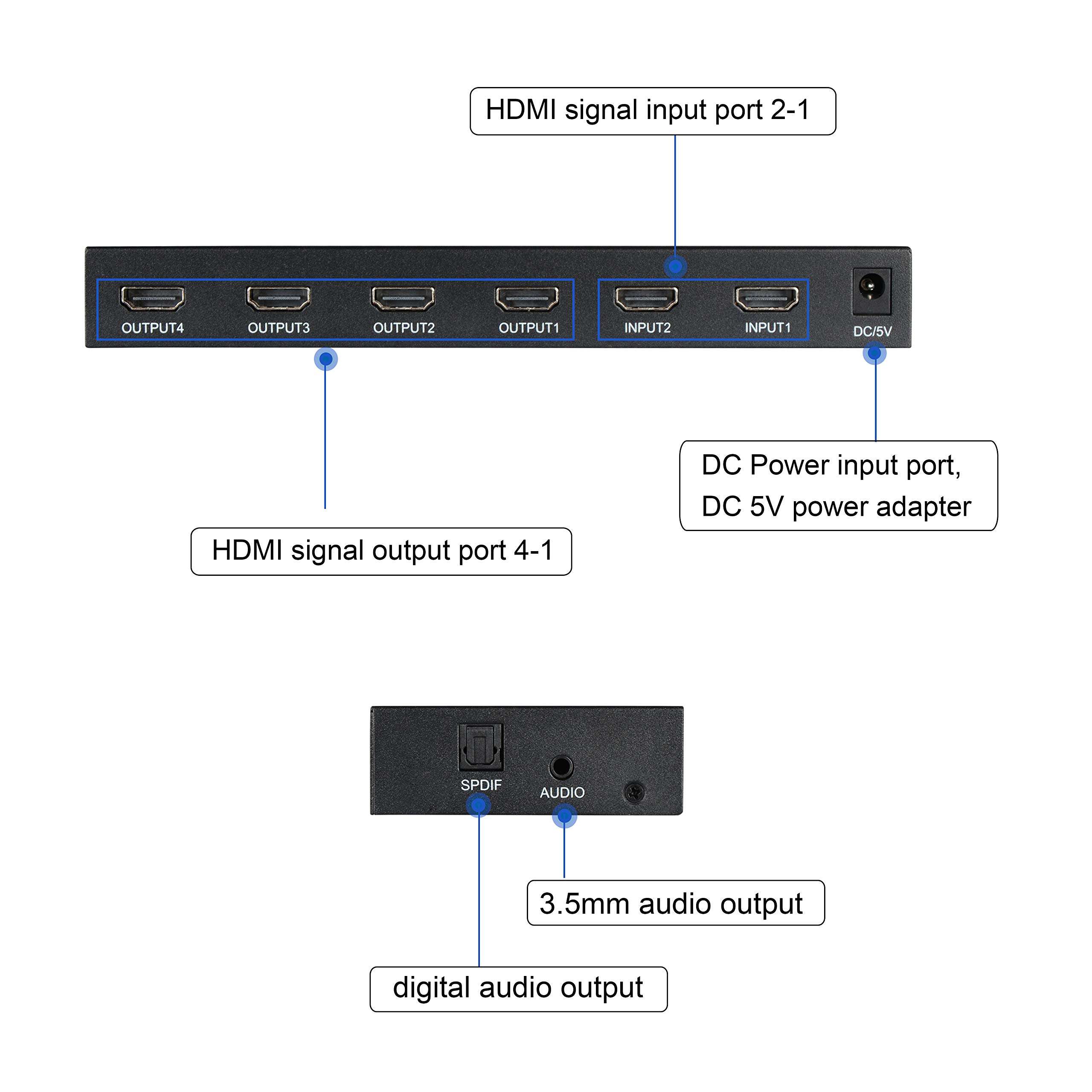 4K@60Hz HDMI Audio Extractor Splitter Switcher 2 in 4 Out with Remote, MOYOON 2-Port HDMI Switch with SPDIF Audio 3.5mm, Support 4K, 3D, HDMI2.0, HDCP2.2 for HDTV Blu-Ray, Fire Stick, Xbox, PS5 3