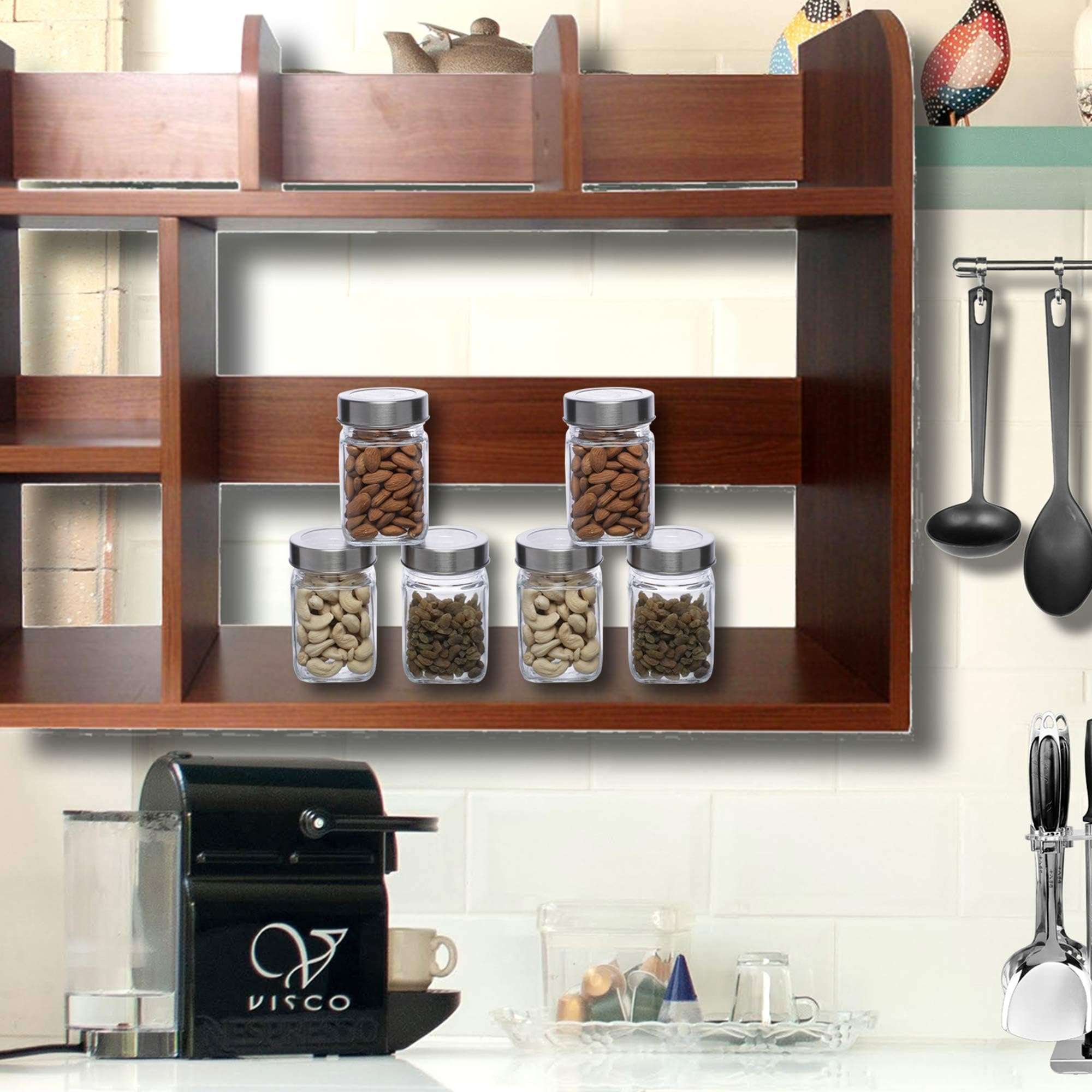 SIMPARTE Glass Jar Barni 310ml Transparent Square Container Set of 6 with Airtight Steel Lid for Kitchen Pantry Storage of Spices, Masala, Pickles, Cookies, Dry Fruits, Coffee Beans & Snacks 6