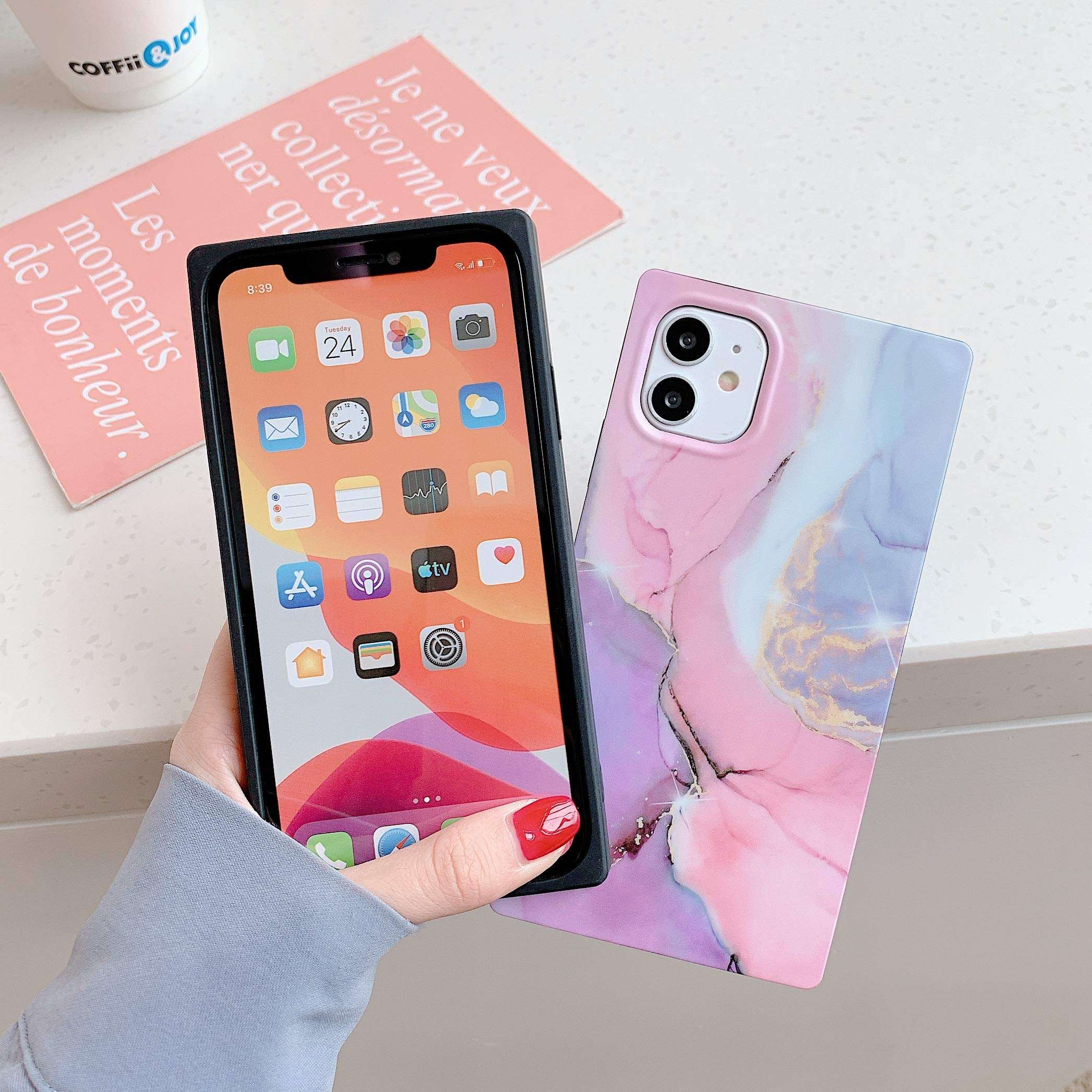 YTanazing Square for iPhone 11 Marble Case for Women,Blue Pink Marble Pattern Soft TPU Slim Matte Case Protective Cute Case Blue Cover Design for iPhone 11-6.1 inch 3
