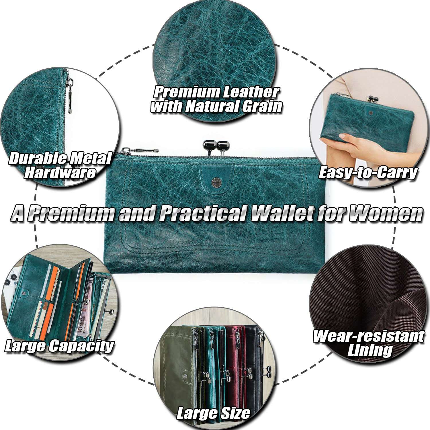 BYKOINE Large Bifold Wallet for Women Ladies Leather Phone Purse Handbag with Kiss-Lock Pocket RFID Blocking Card Holder 6