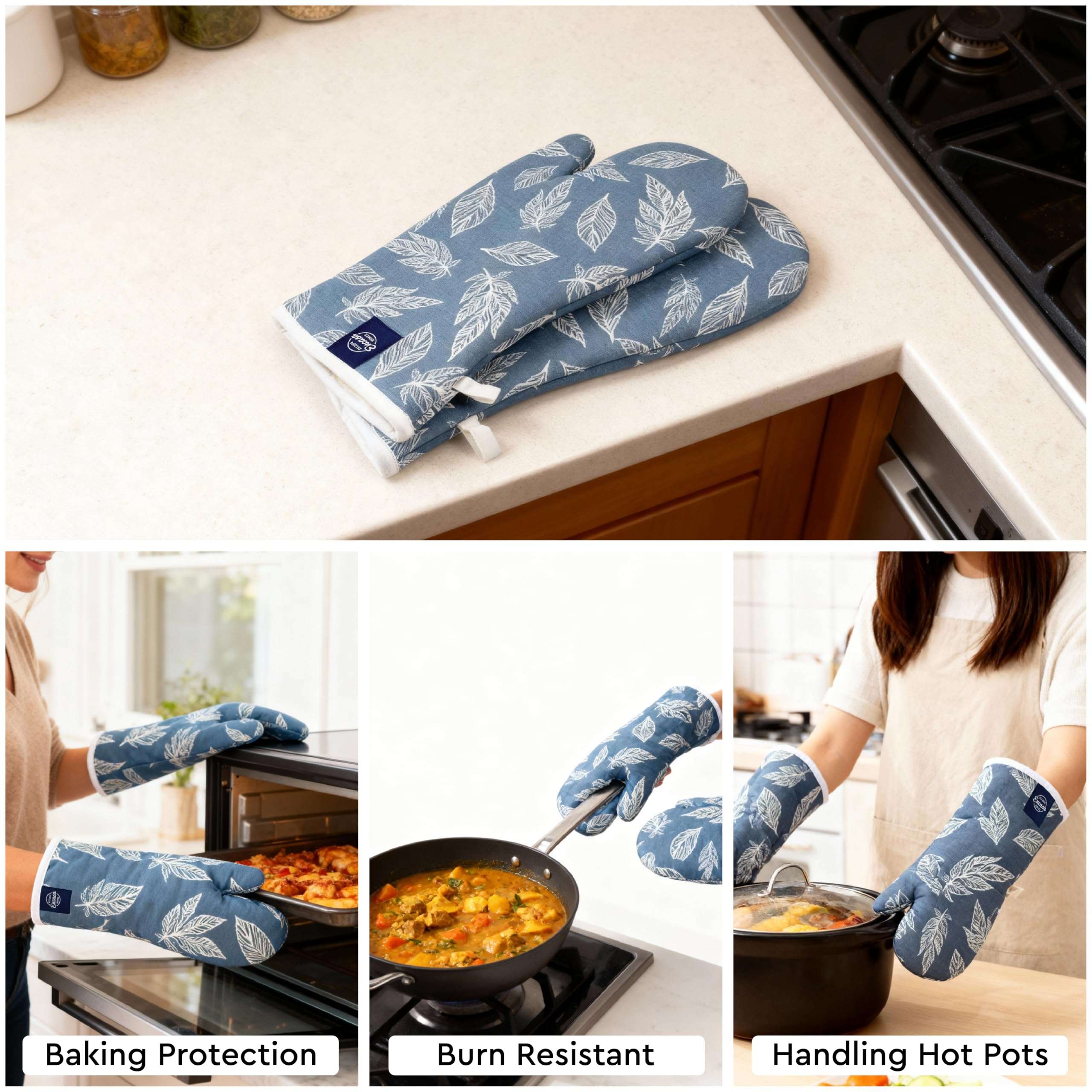 Encasa XO Extra Long 18x35 cm Microwave Oven Gloves Mitts (2 pcs) for Kitchen Cooking - Big Leaf Blue - Heat Resistant, Thick & Safe, Protection of Hands from Hot Utensils, Gas Flame, Grill, Barbecue 6
