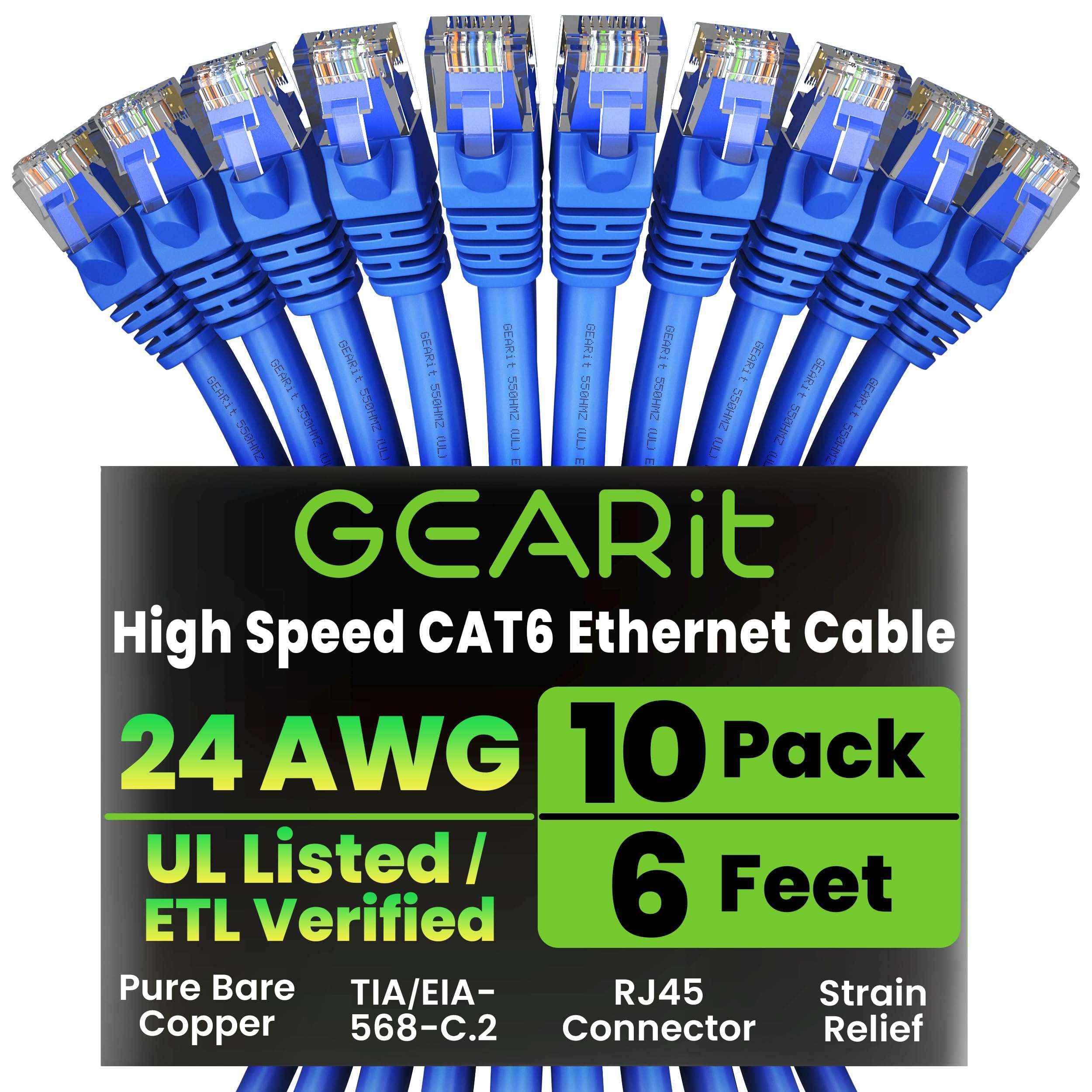 GEARit Cat 6 Ethernet Cable Pack - 10-Pack 6 ft Cat6 Ethernet Patch Cables | RJ45 Network Patch Cable, 10 Gbps Snagless Gold-Plated Connectors - Ethernet Cable Cat 6 for PC, TV, Router - Blue 1