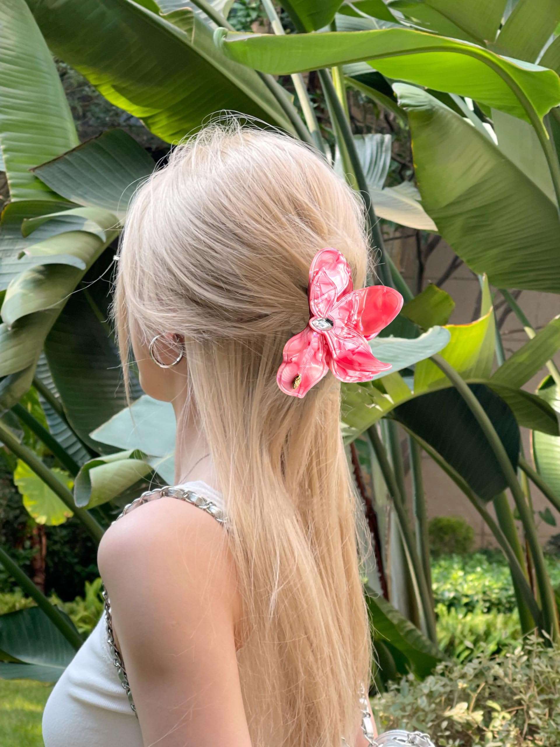 Flower Hair Claw Clip and 100% Mulberry Mini Silk Skinny Scrunchies Set Acetate Hair Clips Ideal For Women and Girls (Pink) 3