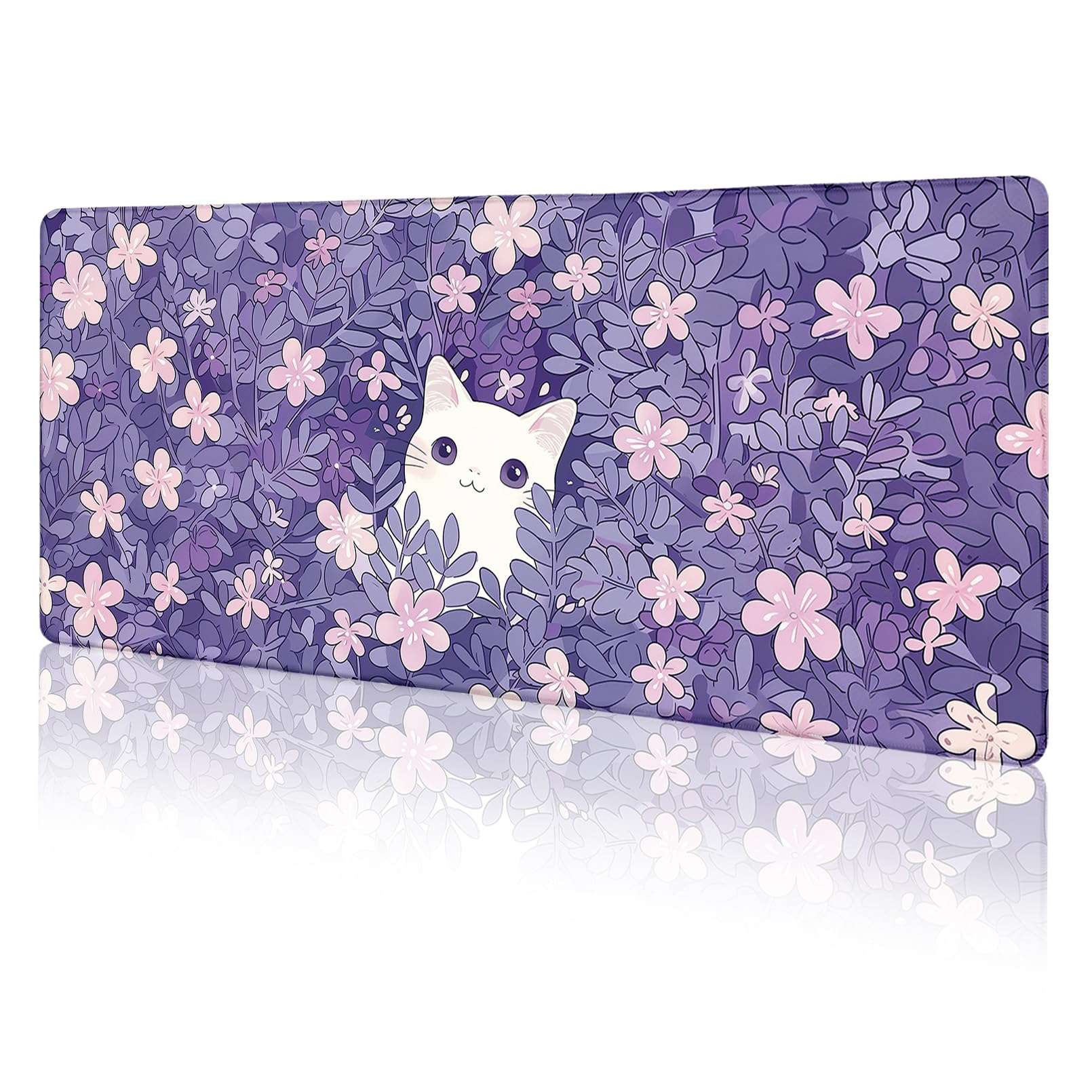LIMKRIAN Cat Purple Mouse Pad Large Desk Mat, Kawaii Purple Computer Mousepad with Stitched Edges Non-Slip, Keyboard Mouse Pad for Desktop Cute Office Supplies Desk Decor Accessories 31.5x11.8 in 1