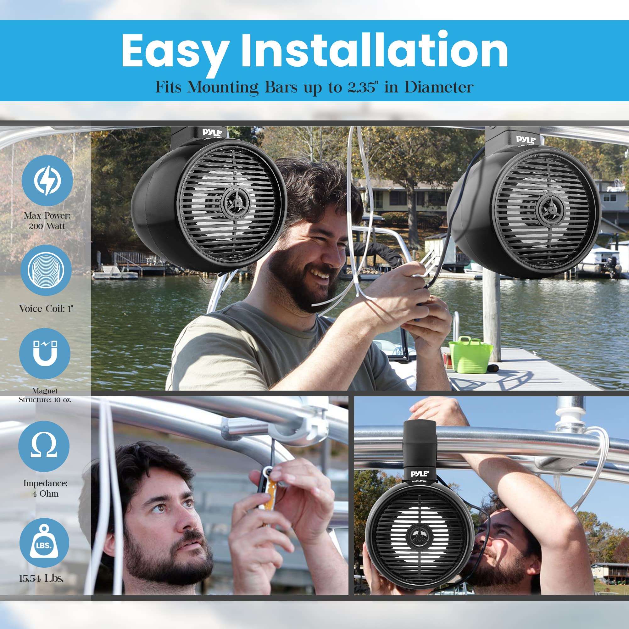 Pyle 6.5" Marine Wakeboard Speaker - 200W Waterproof 2-Way Mini Box System, LED Lights, Heavy Duty ABS Construction, Marine Grade Audio for Tubing and Roll-Cage Mounting (Black) 5