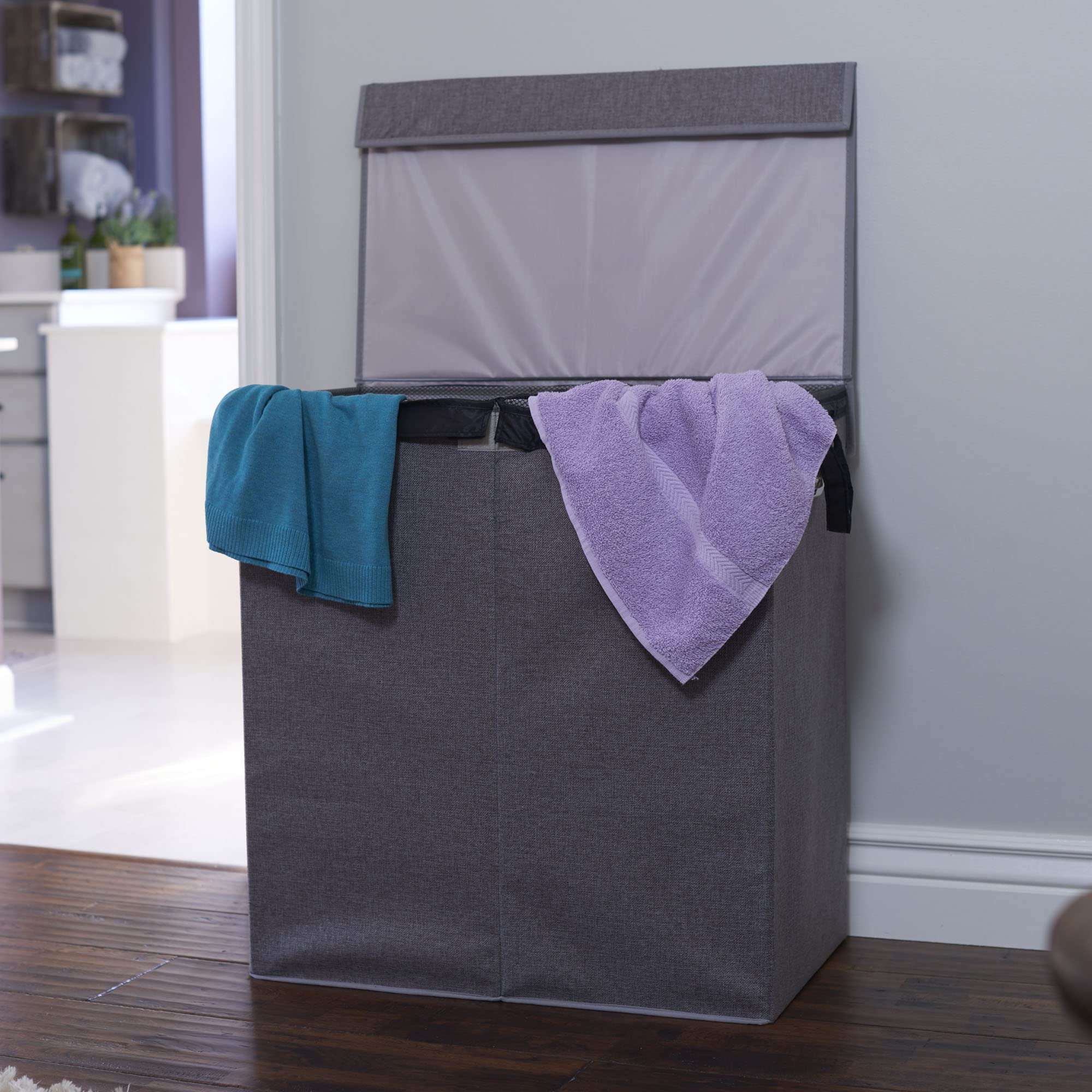 Household Essentials Collapsible Laundry Sorter with Lid, Gray 4