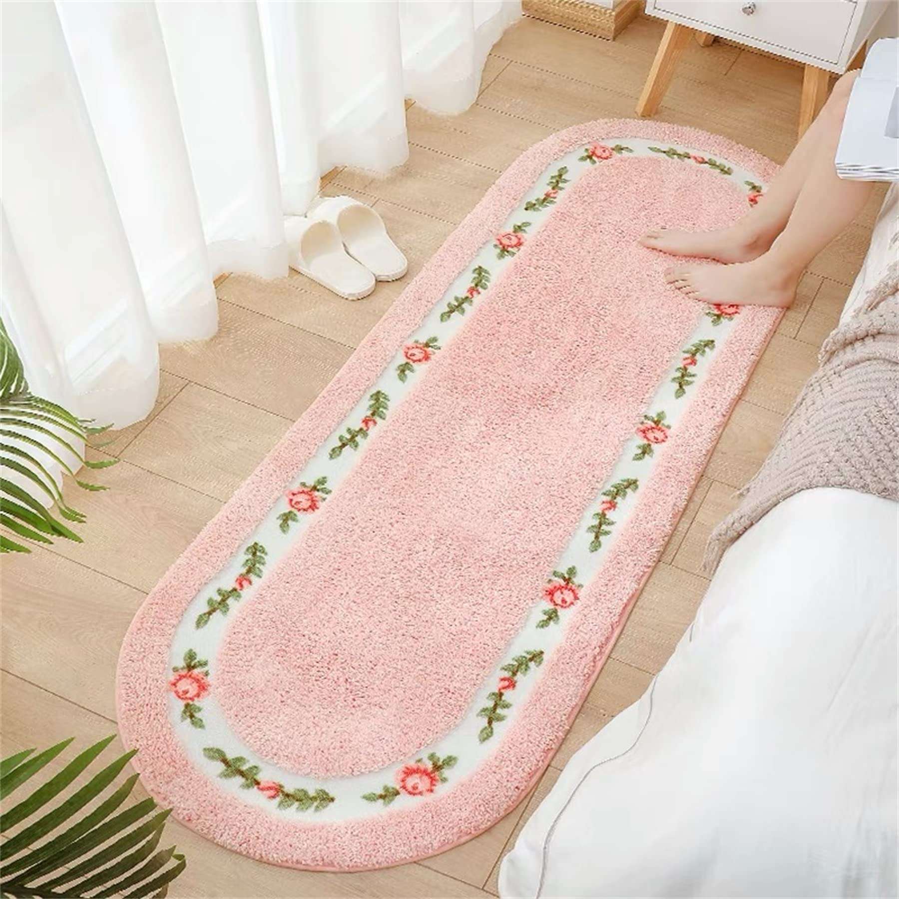ABREEZE Rose Flower Area Rugs for Living Room Bedroom Non Slip Door Mat Ultra Soft Washable Rug Absorbent Bath Rug Floor Mat Carpet Kitchen Mat 17.71x49.21 Inch Pink