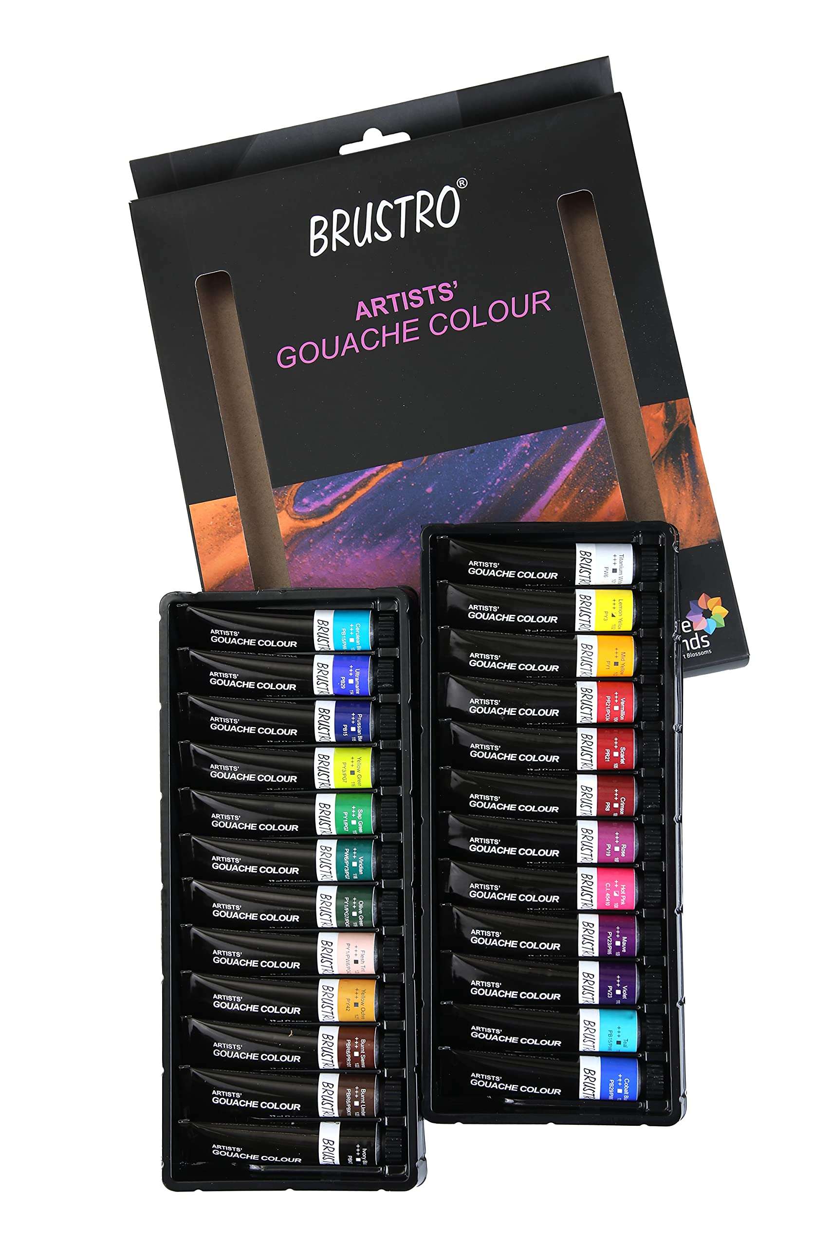 BRUSTRO Artists Gouache Colour Set of 24 Colours X 12ML Tubes with 25% Cotton Watercolour Wiro Journal Cold Pressed 200 GSM A5-25 Sheets and VelveTouch Artist Brushes set of 6 4